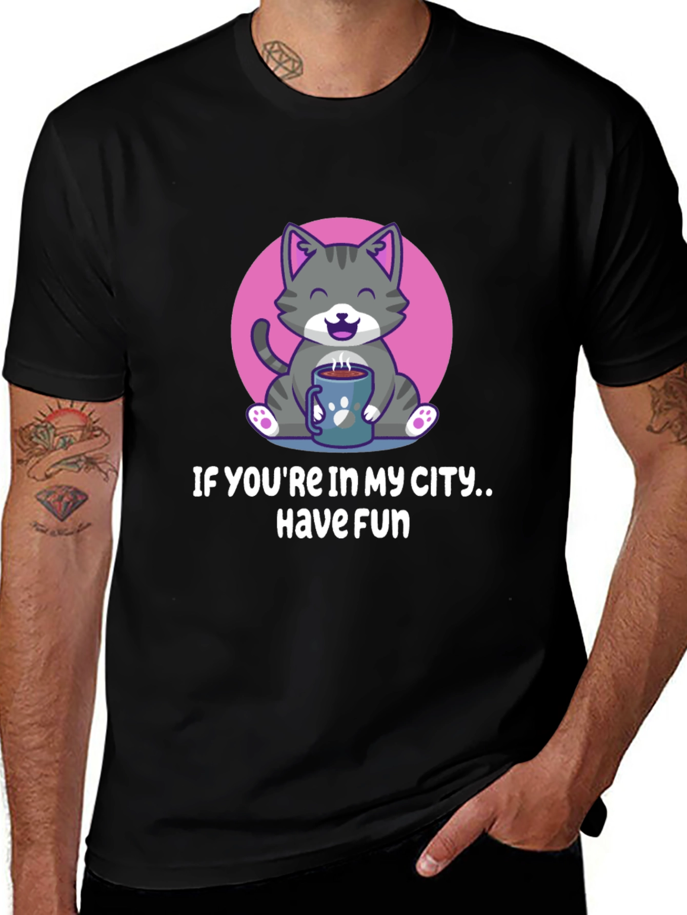 Variant 2 of Cute Cat & Coffee T-Shirt - Have Fun in My City!