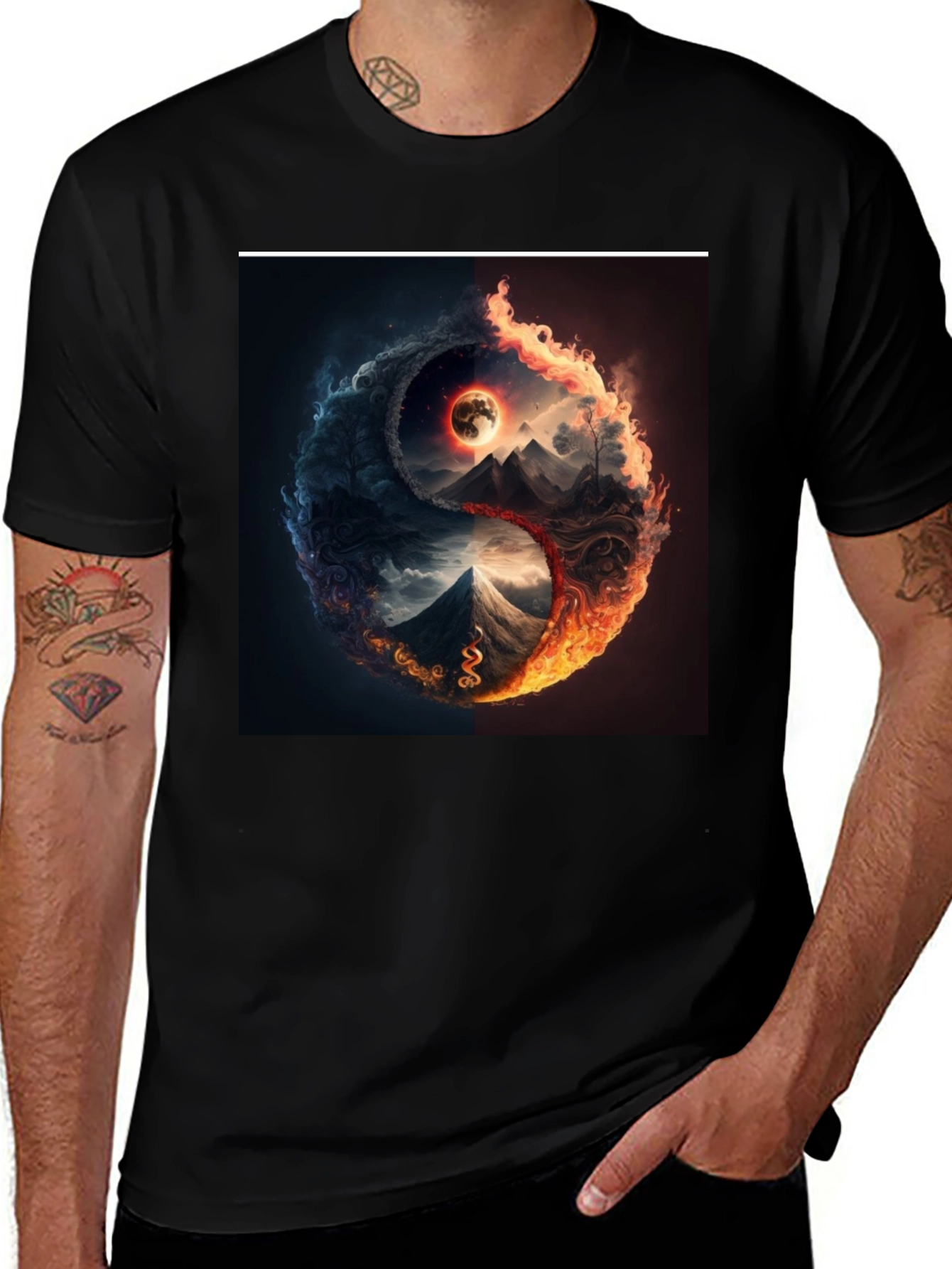 Yin Yang Fire & Ice Graphic T-Shirt - Black