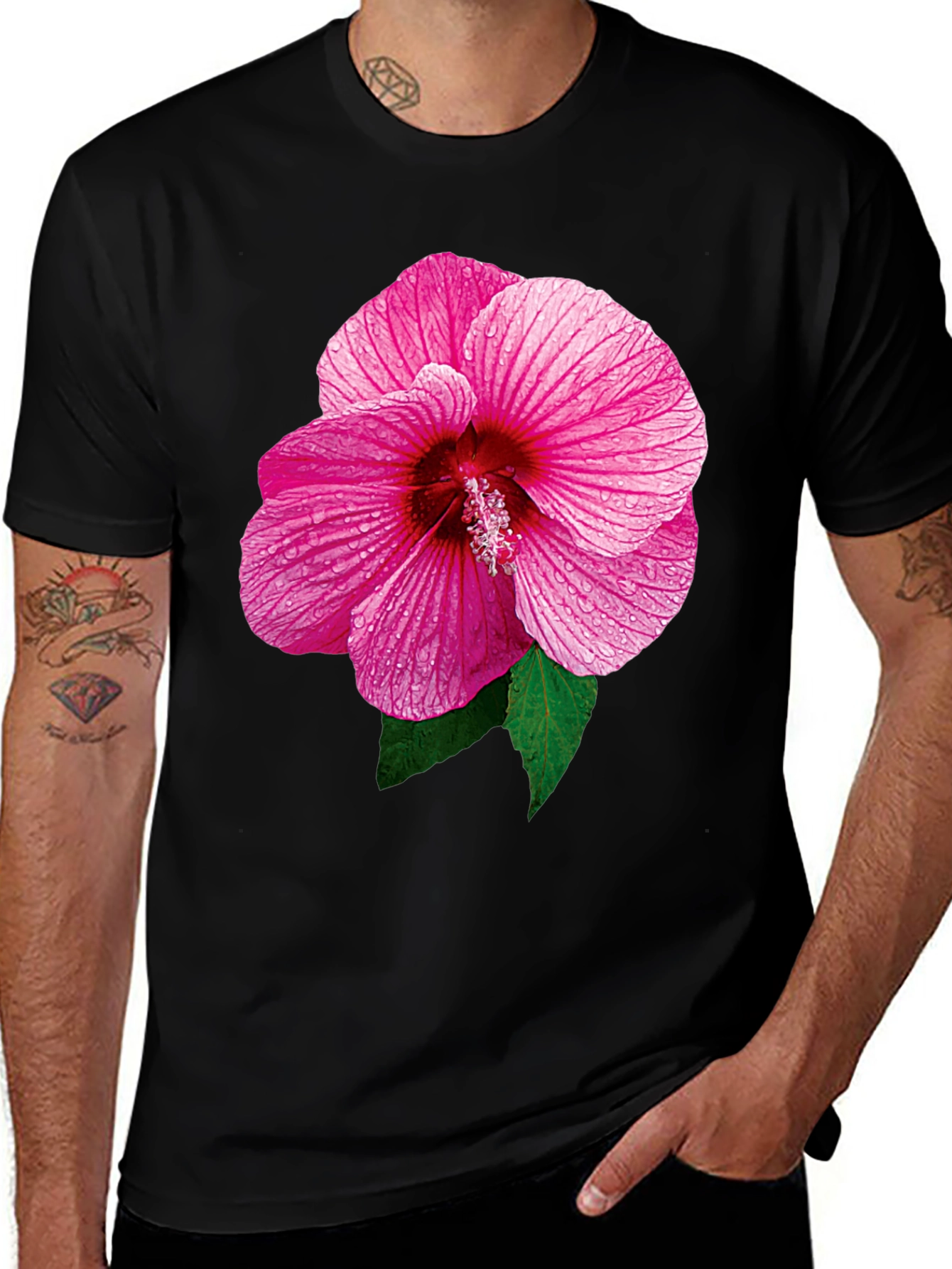 Variant 23 of Pink Hibiscus Flower Black T-Shirt