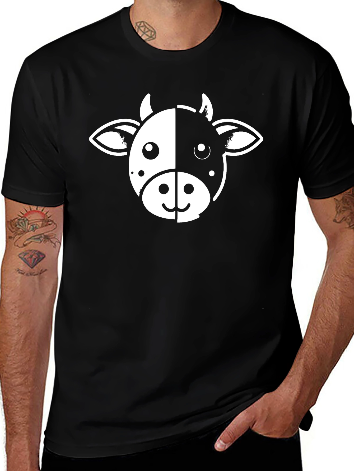 Variant 14 of Cute Cow Face Graphic Tee - Black Cotton T-Shirt