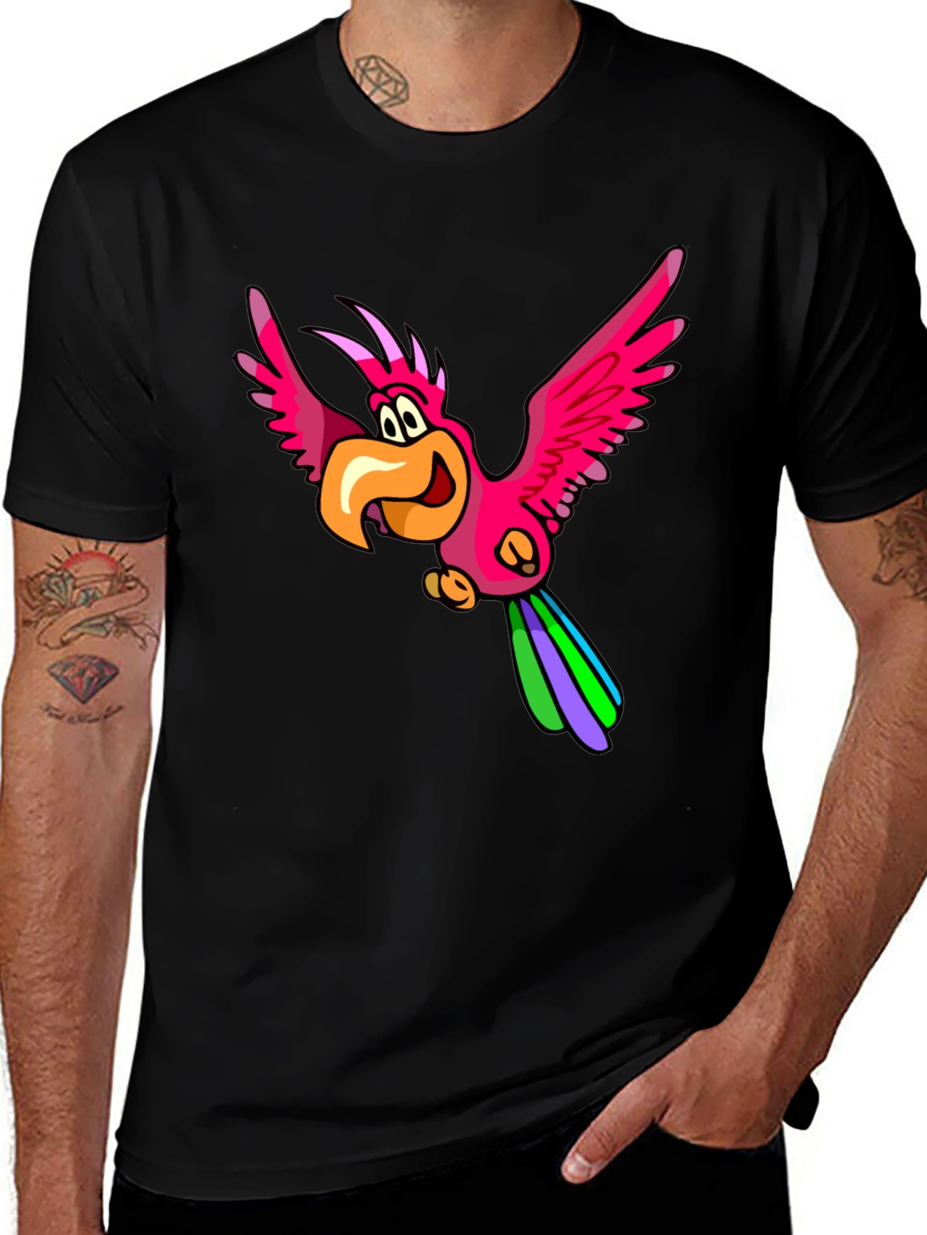 Variant 13 of Cartoon Parrot Graphic T-Shirt - Black Cotton Tee