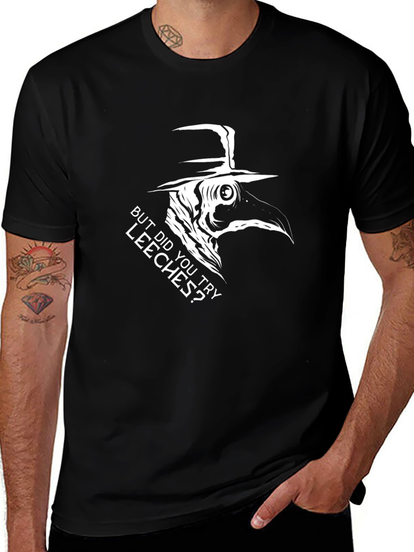Plague Doctor "Leeches?" Black T-Shirt