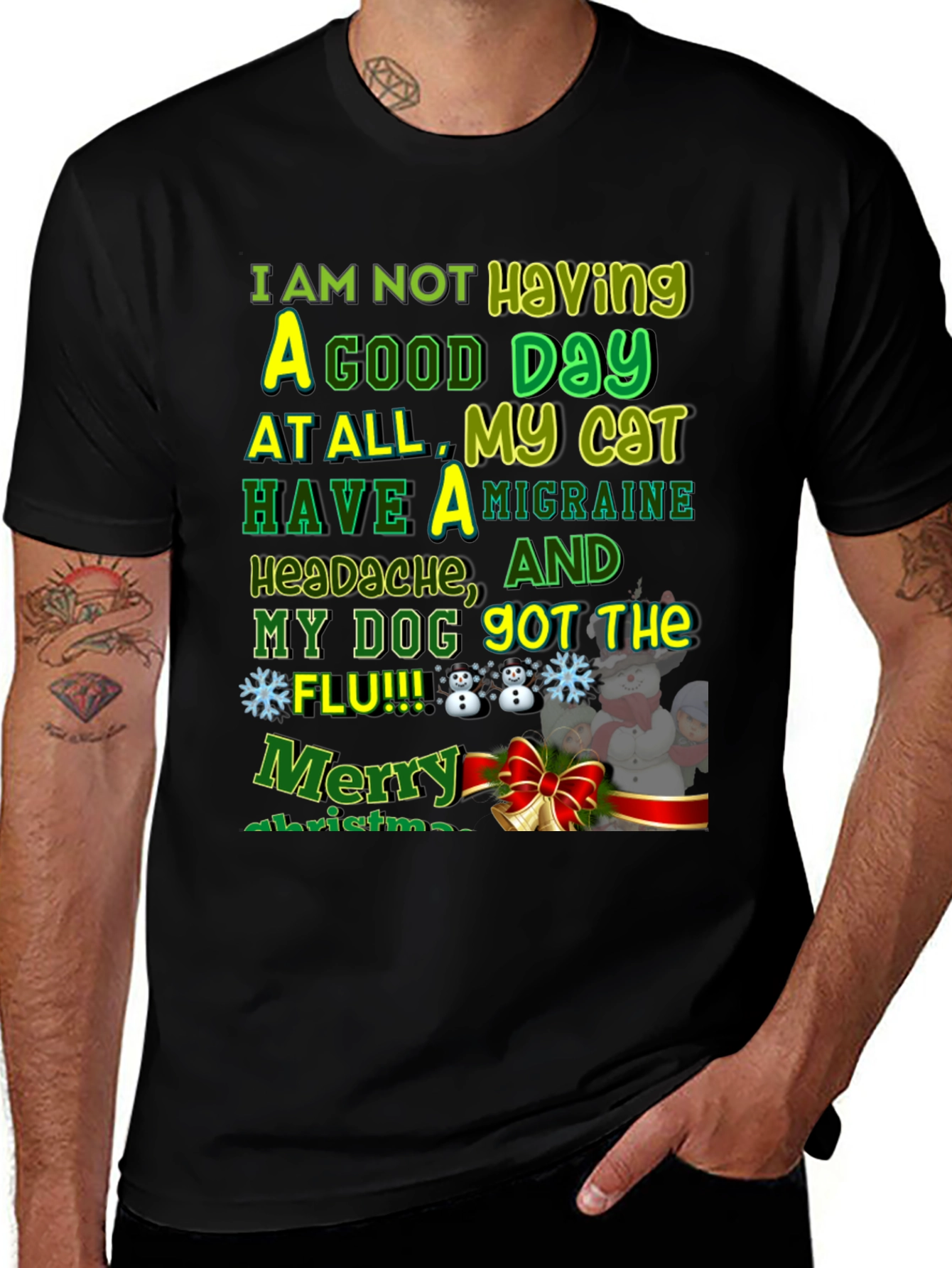 Funny Christmas Cat & Dog Flu Headache T-Shirt