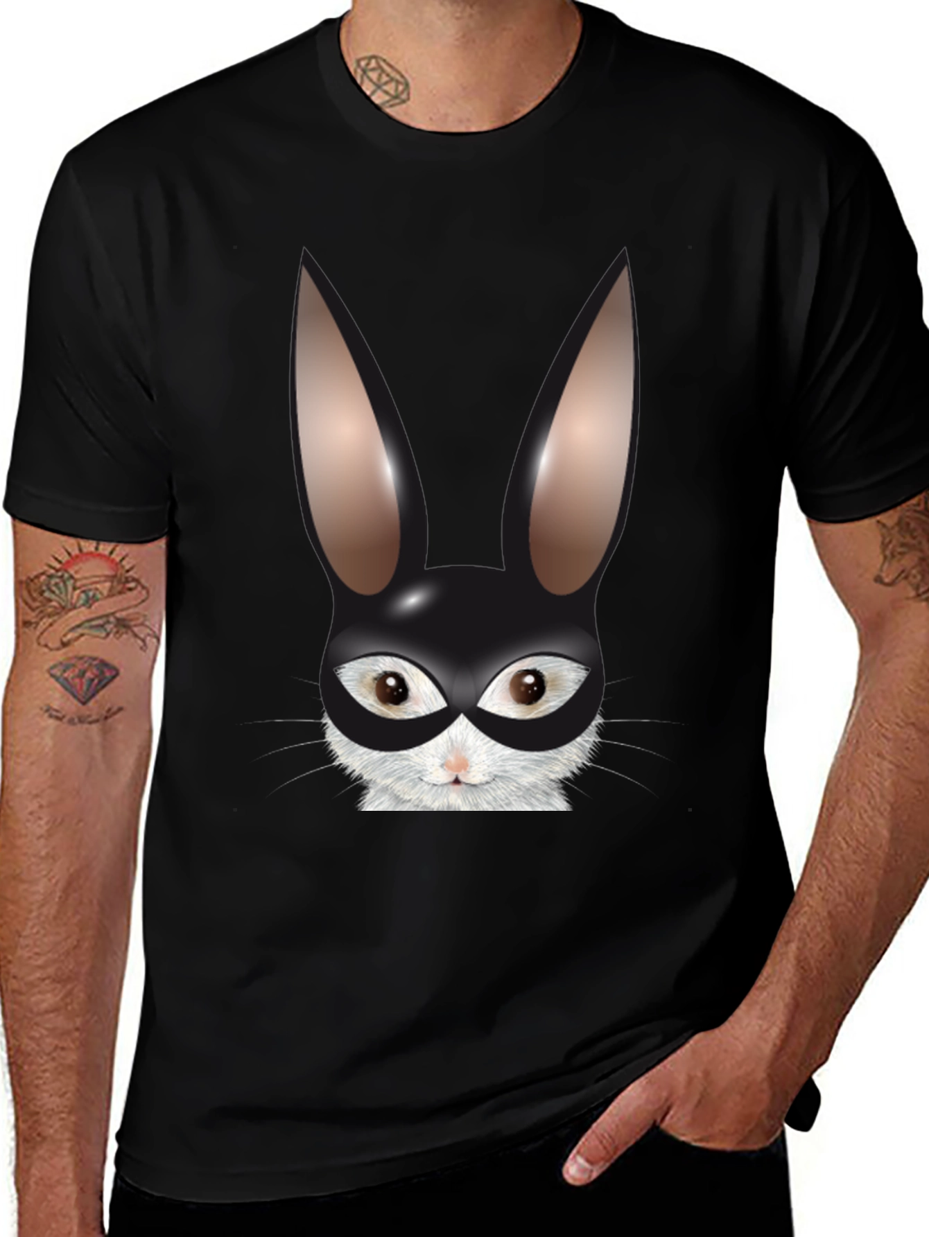 Variant 10 of Bunny Mask Graphic Tee - Black Cotton Blend T-Shirt