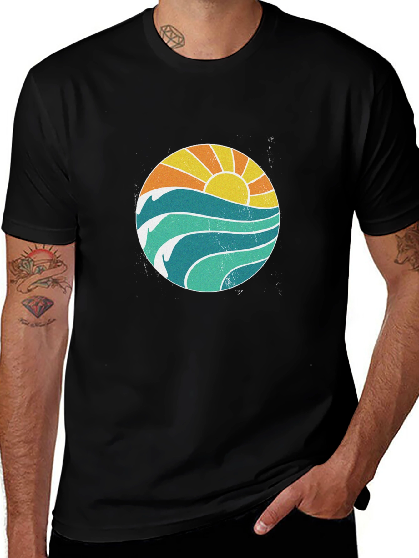 Black Sunset Waves Graphic T-Shirt - Black main image