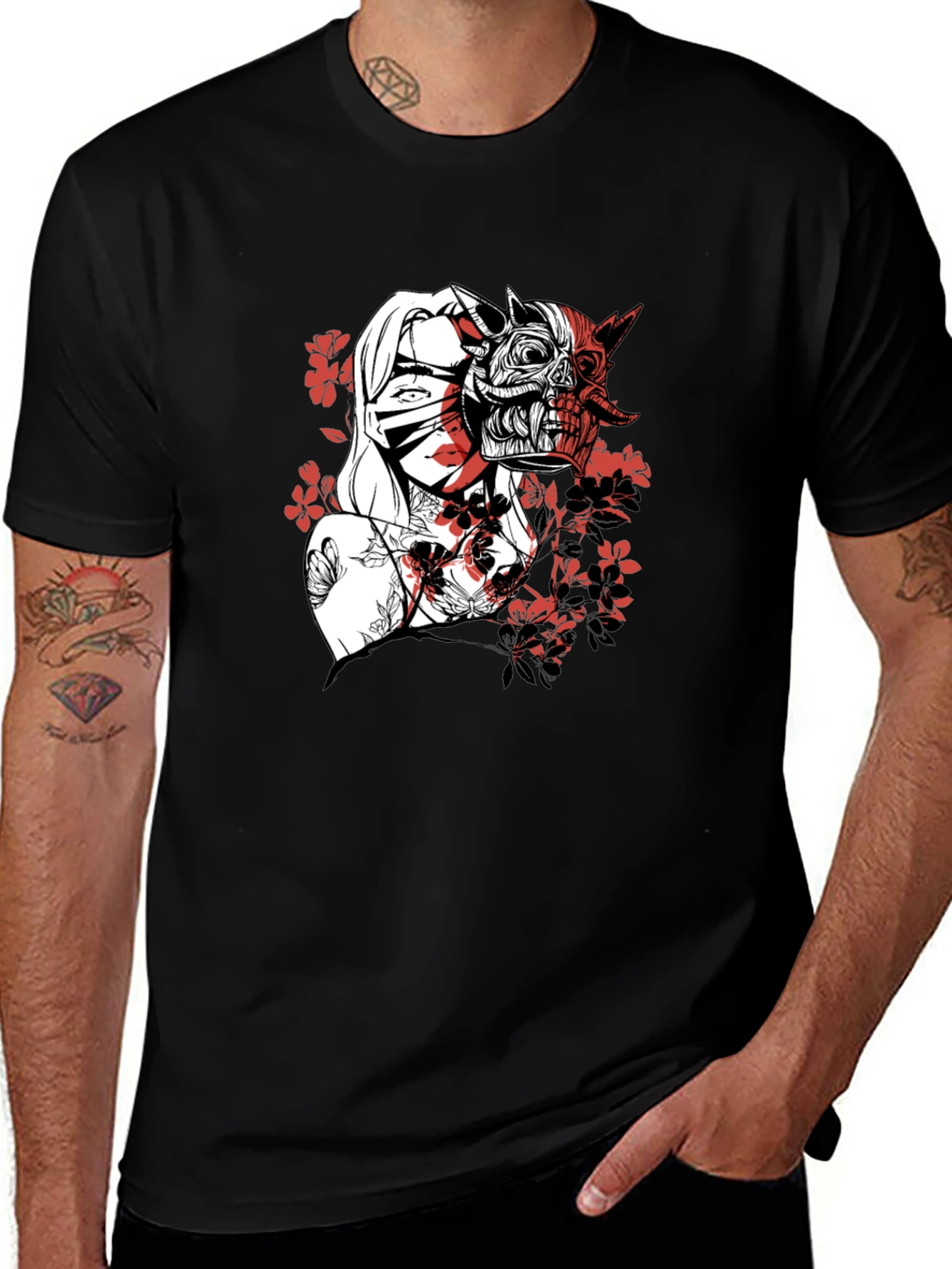 Variant 19 of Men's Graphic Tee - Samurai Girl & Skull Design