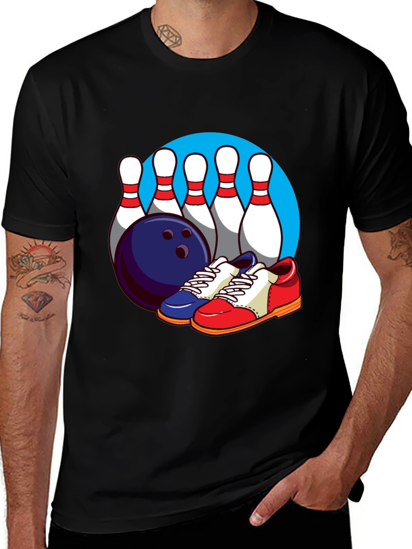 Variant 12 of Bowling T-Shirt with Pins, Ball, and Shoes Graphic