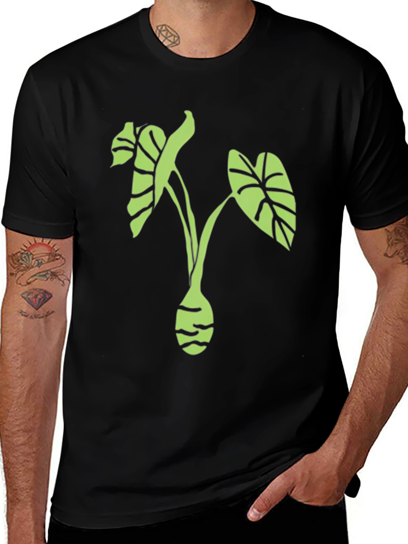 Variant 21 of Men's Black T-Shirt with Green Plant Graphic