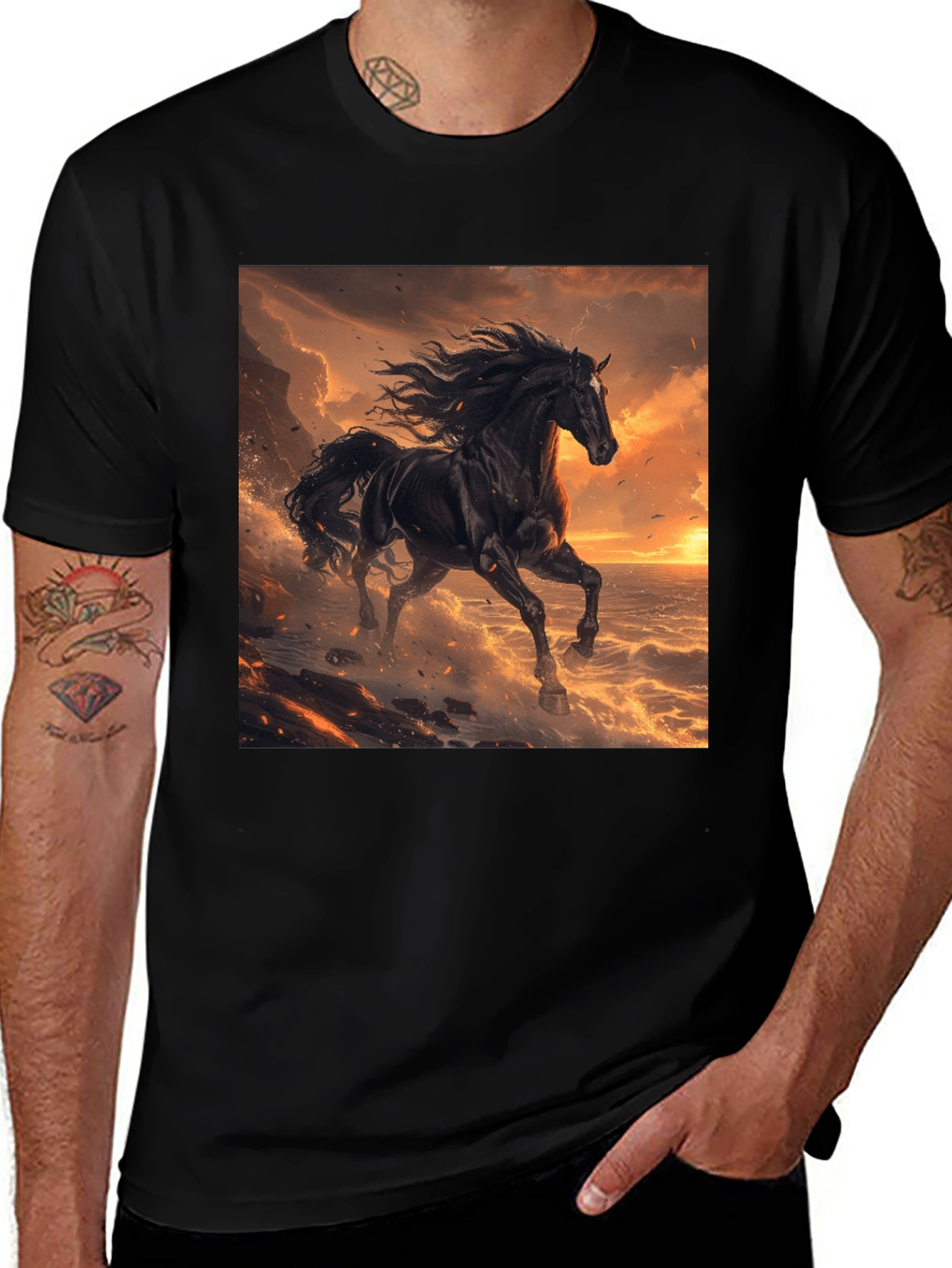 Variant 9 of Black Horse Graphic Tee - Coastal Sunset Design