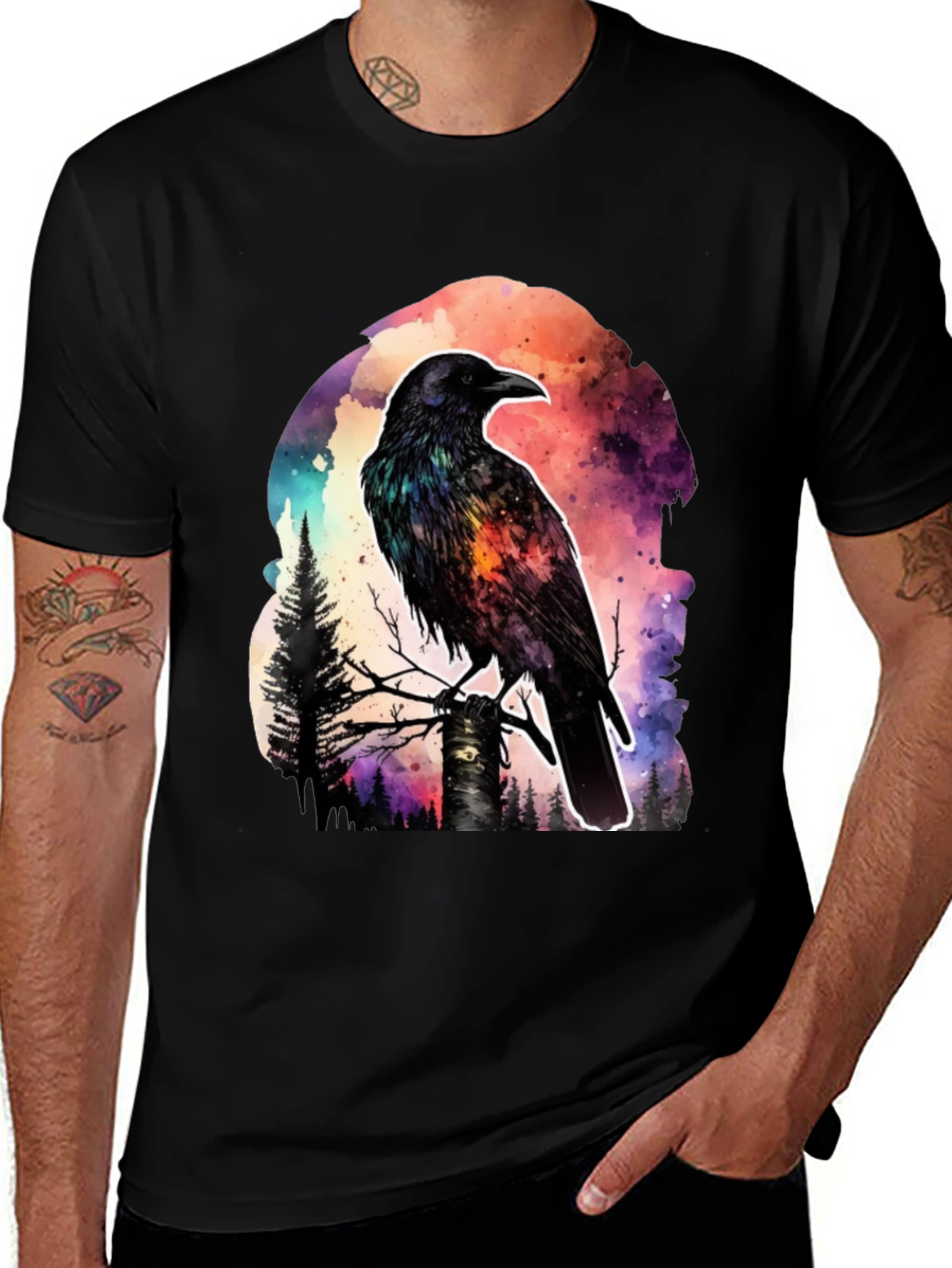 Raven Watercolor Graphic Tee - Gothic Style