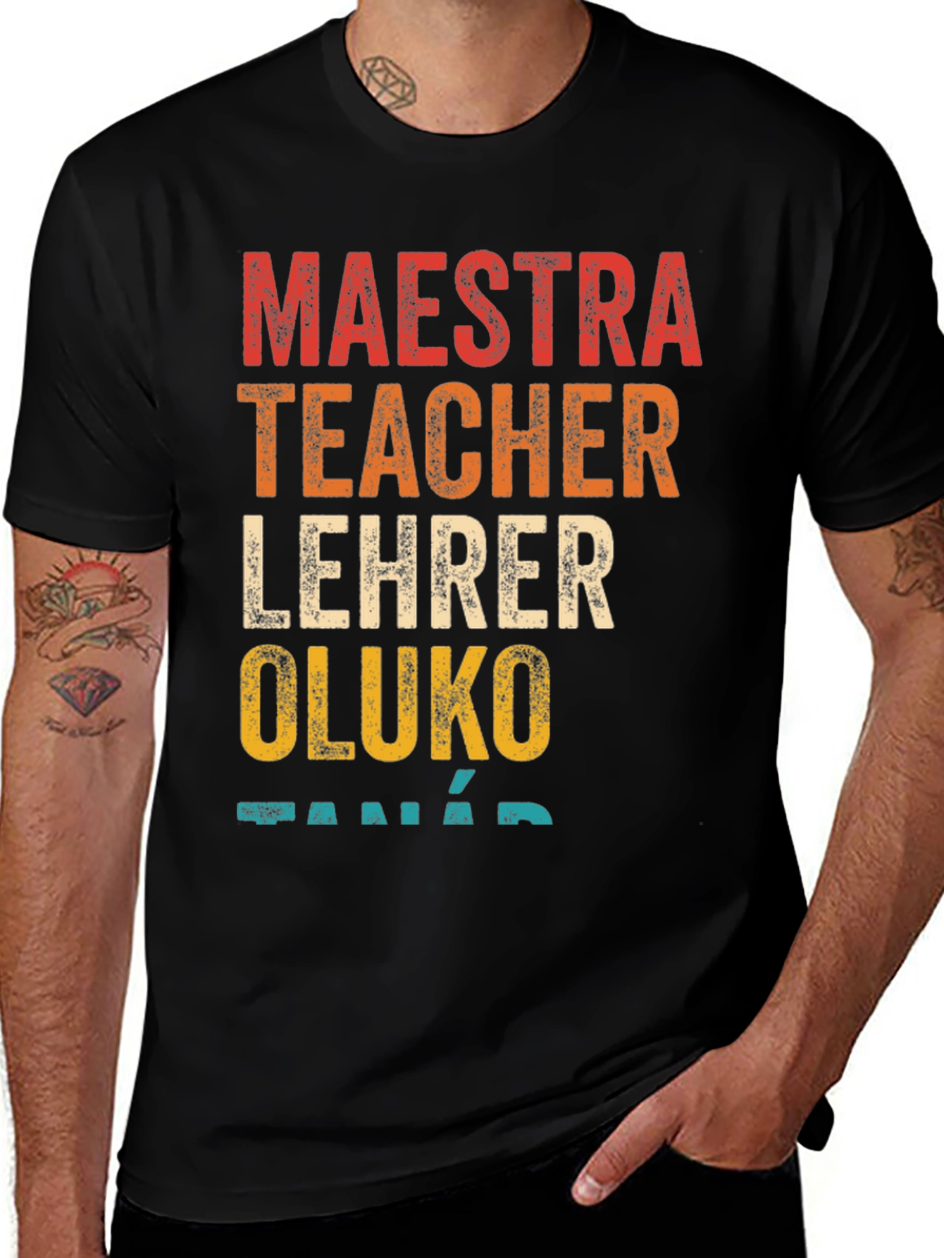 Variant 20 of Multilingual Teacher T-Shirt - Maestra, Lehrer, Oluko
