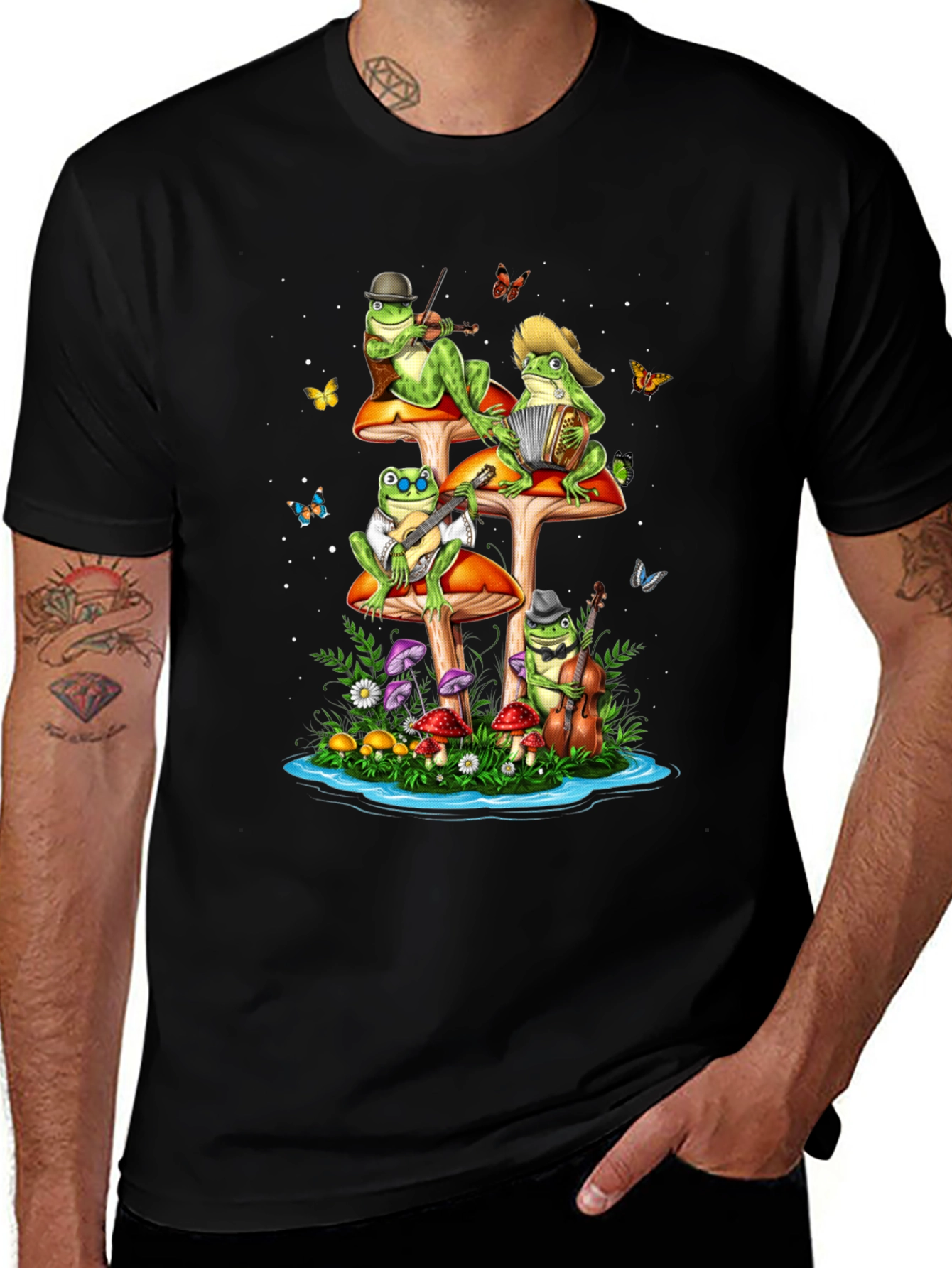 Variant 20 of Frog Band T-Shirt - Musical Frogs on Mushrooms Black Tee