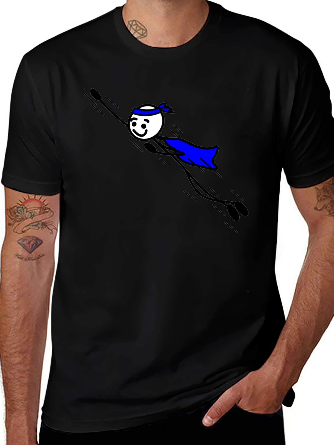 Black T-Shirt with Superhero Stick Figure Graphic