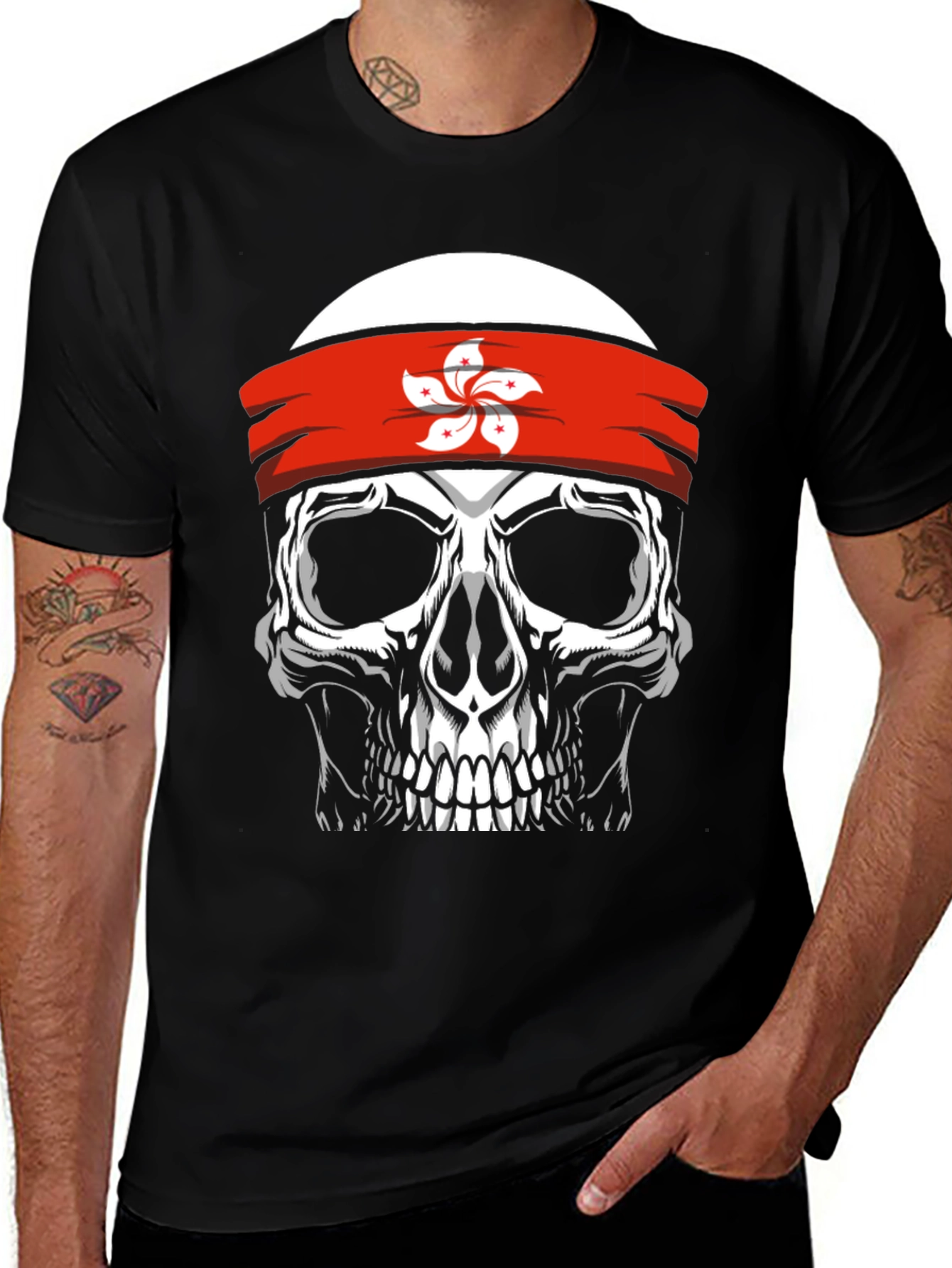Skull with Hong Kong Flag Headband T-Shirt