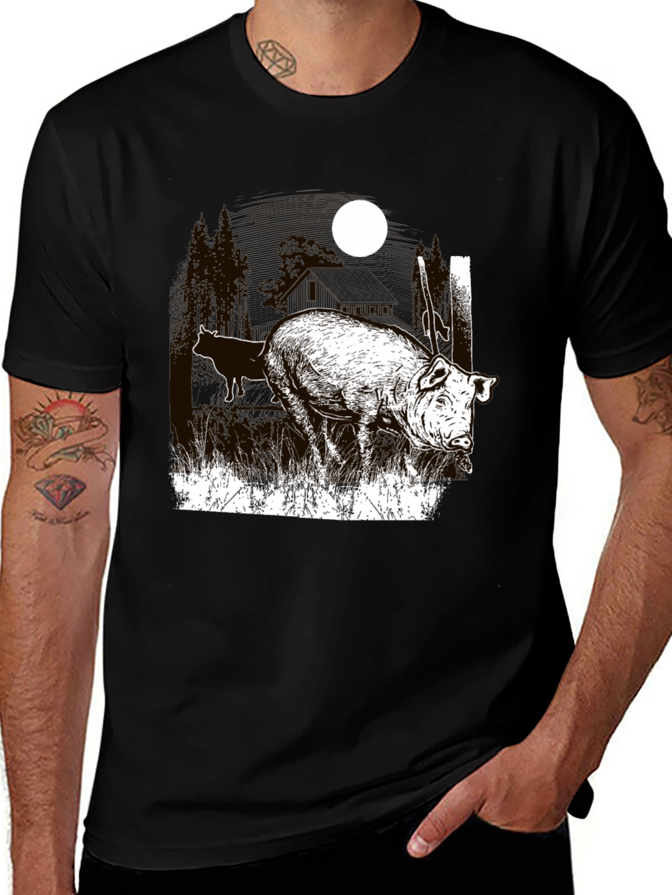 Variant 11 of Pig Moon Graphic T-Shirt - Black Tee