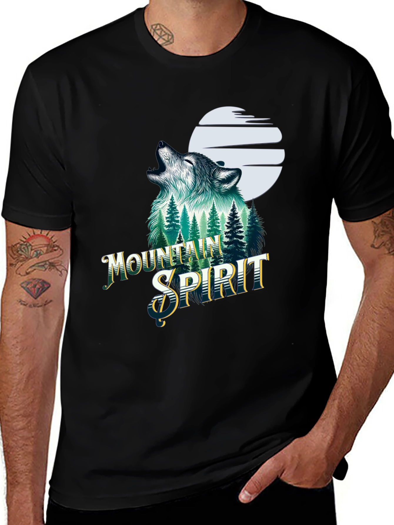 Mountain Spirit Wolf Graphic T-Shirt - Black