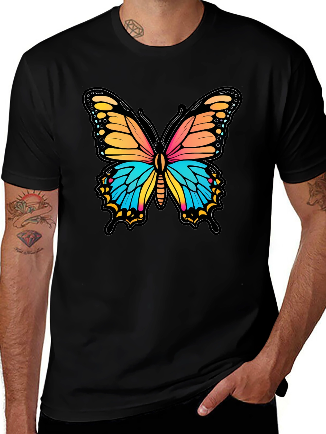 Variant 14 of Vibrant Butterfly Graphic Print Black T-Shirt
