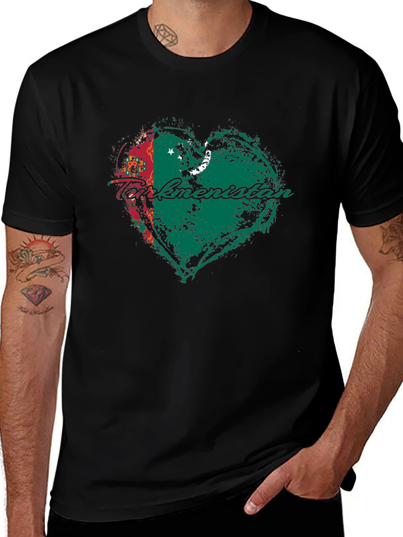 Variant 25 of Turkmenistan Flag Heart T-Shirt Black Cotton Crew Neck