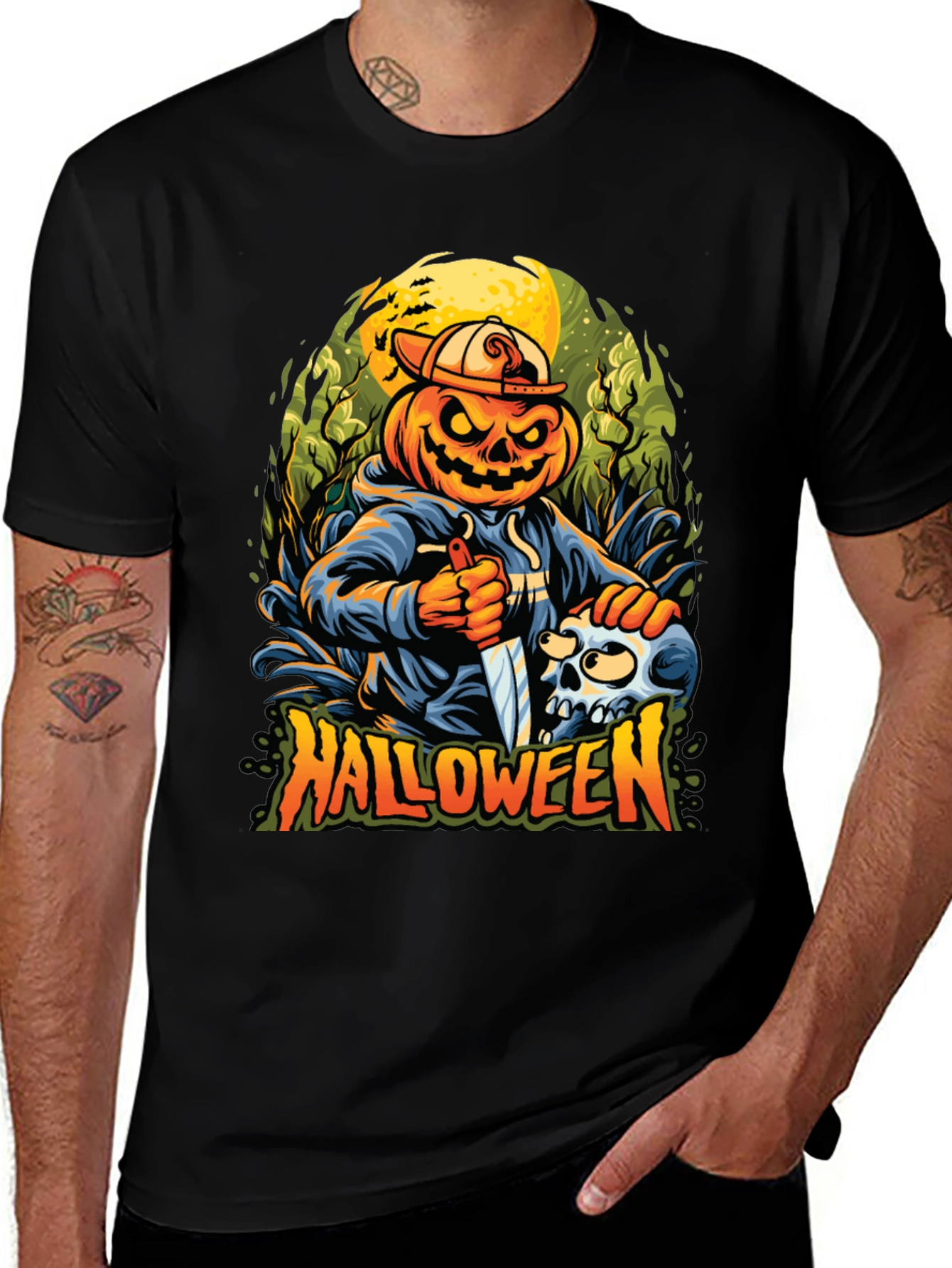 Variant 19 of Halloween Pumpkin Skull Graphic Tee