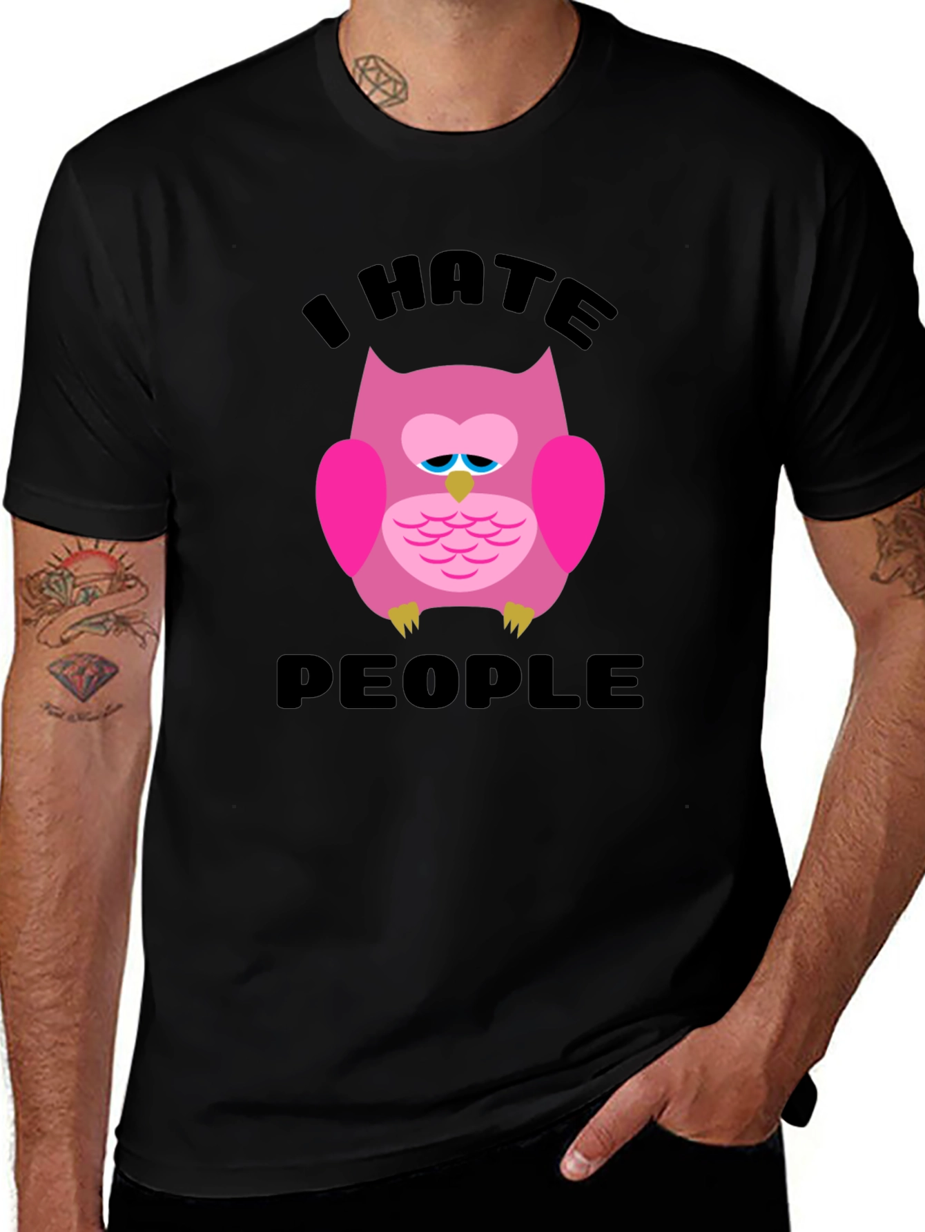Variant 4 of I Hate People Owl Graphic Black T-Shirt