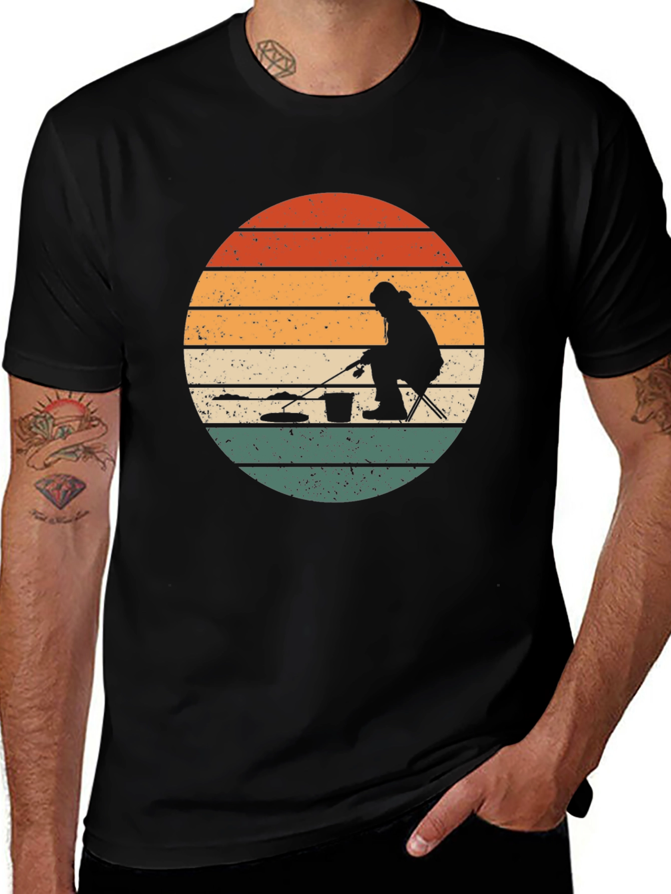 Variant 19 of Retro Ice Fishing T-Shirt - Black Cotton Blend
