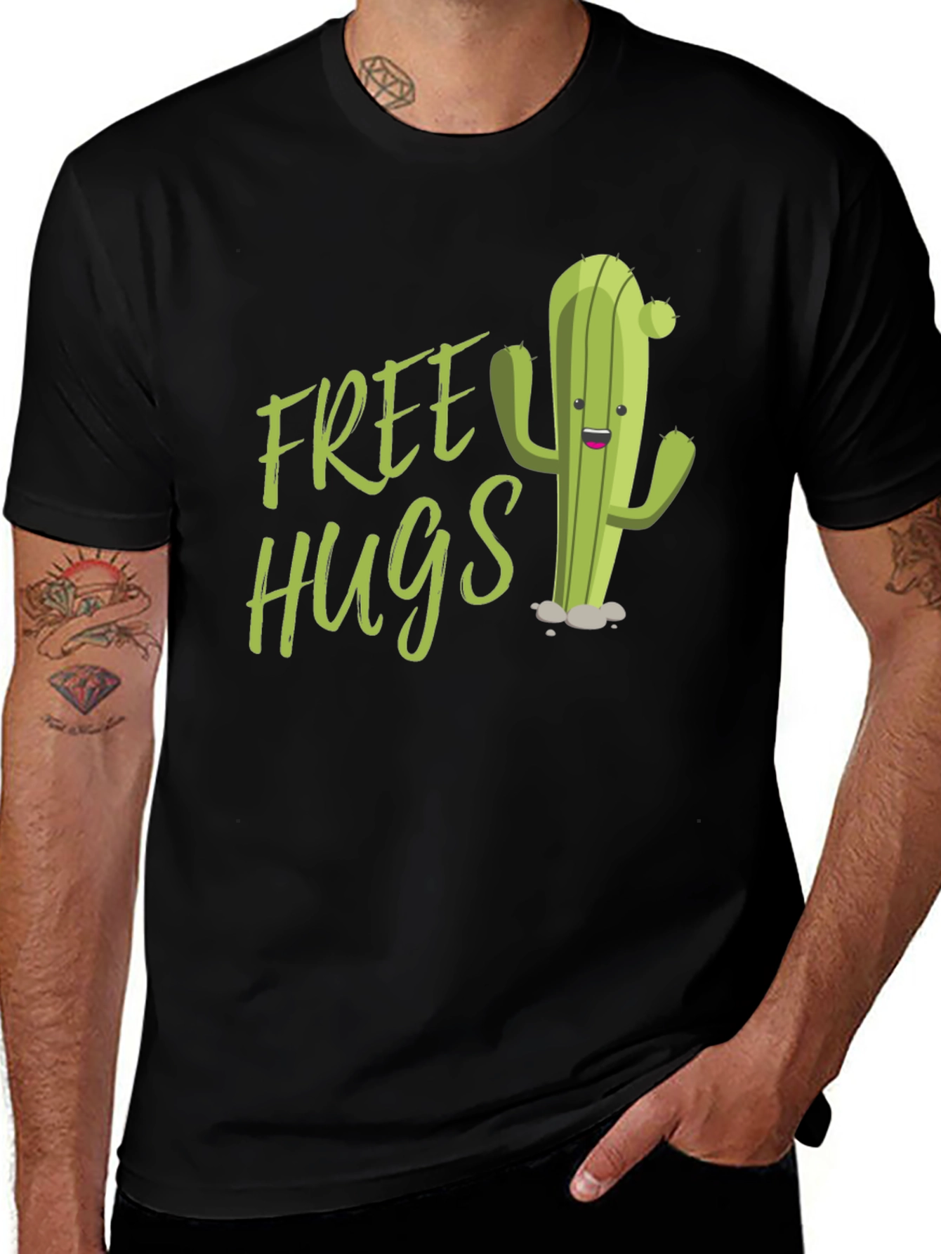 Variant 21 of Free Hugs Cactus Graphic Tee - Fun Black T-Shirt