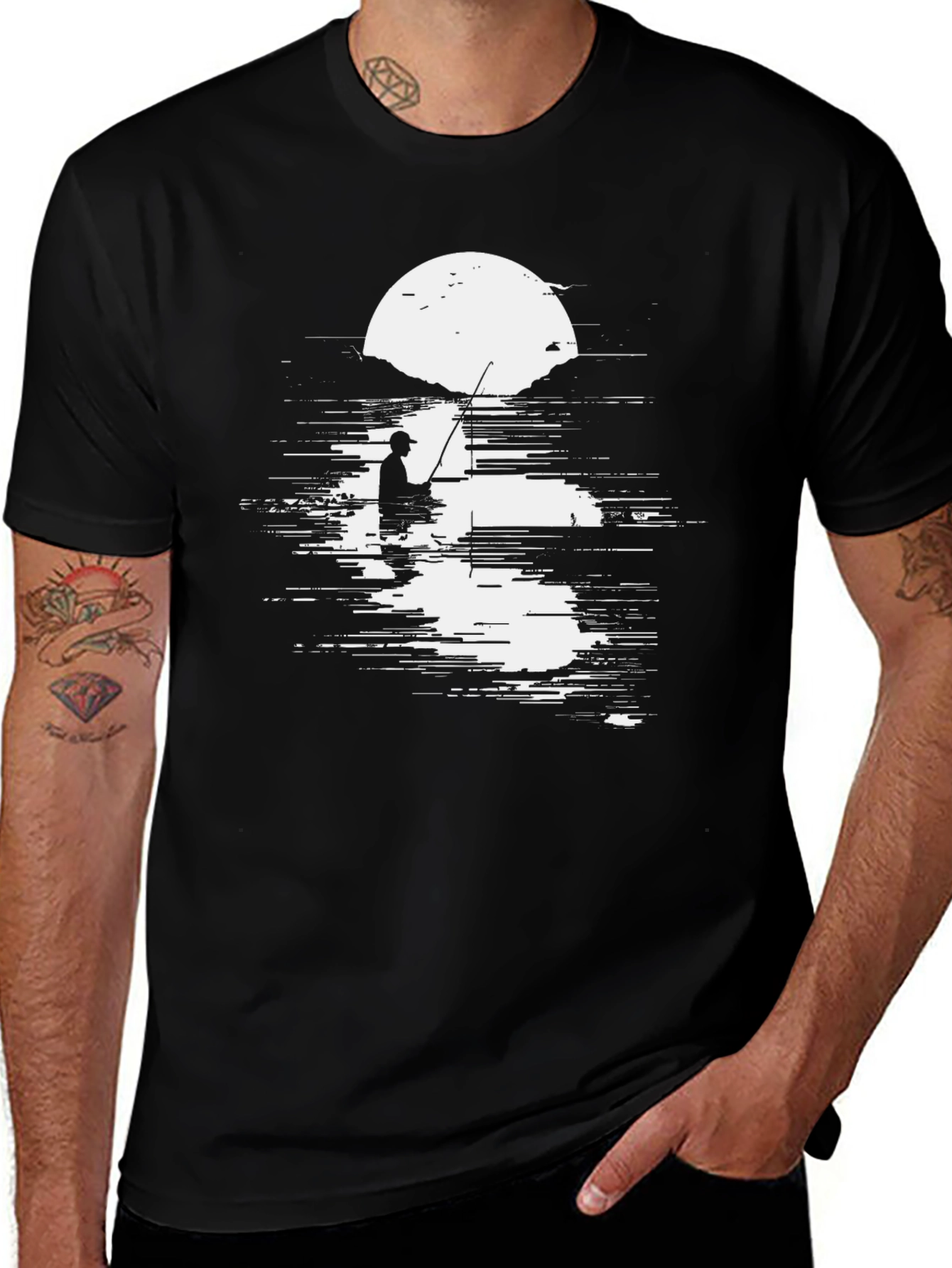 Variant 24 of Fishing Silhouette Graphic Tee - Black Cotton Blend