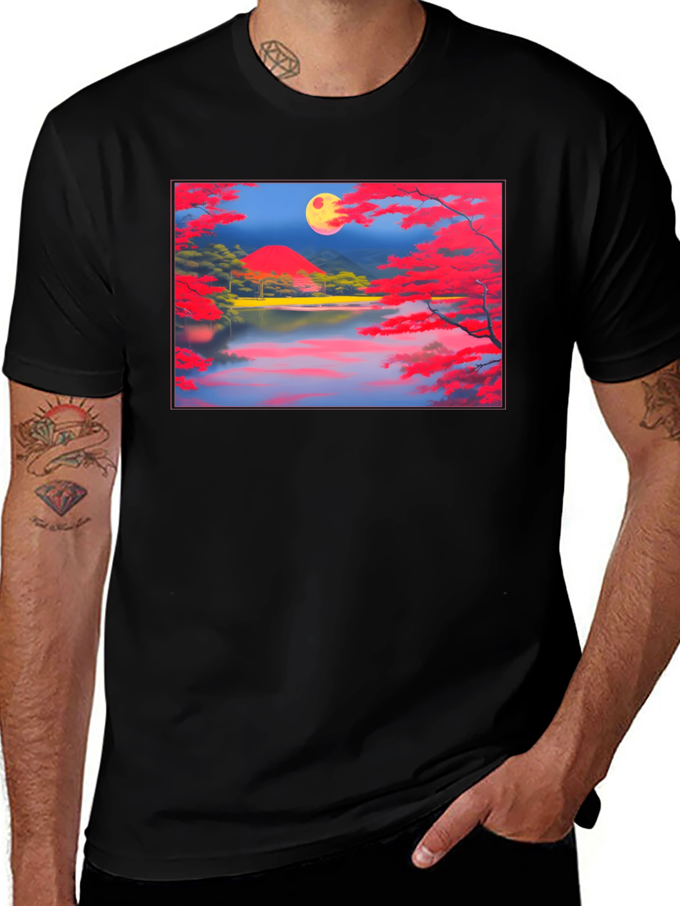 Variant 3 of Scenic Lake & Moon Art Black T-Shirt