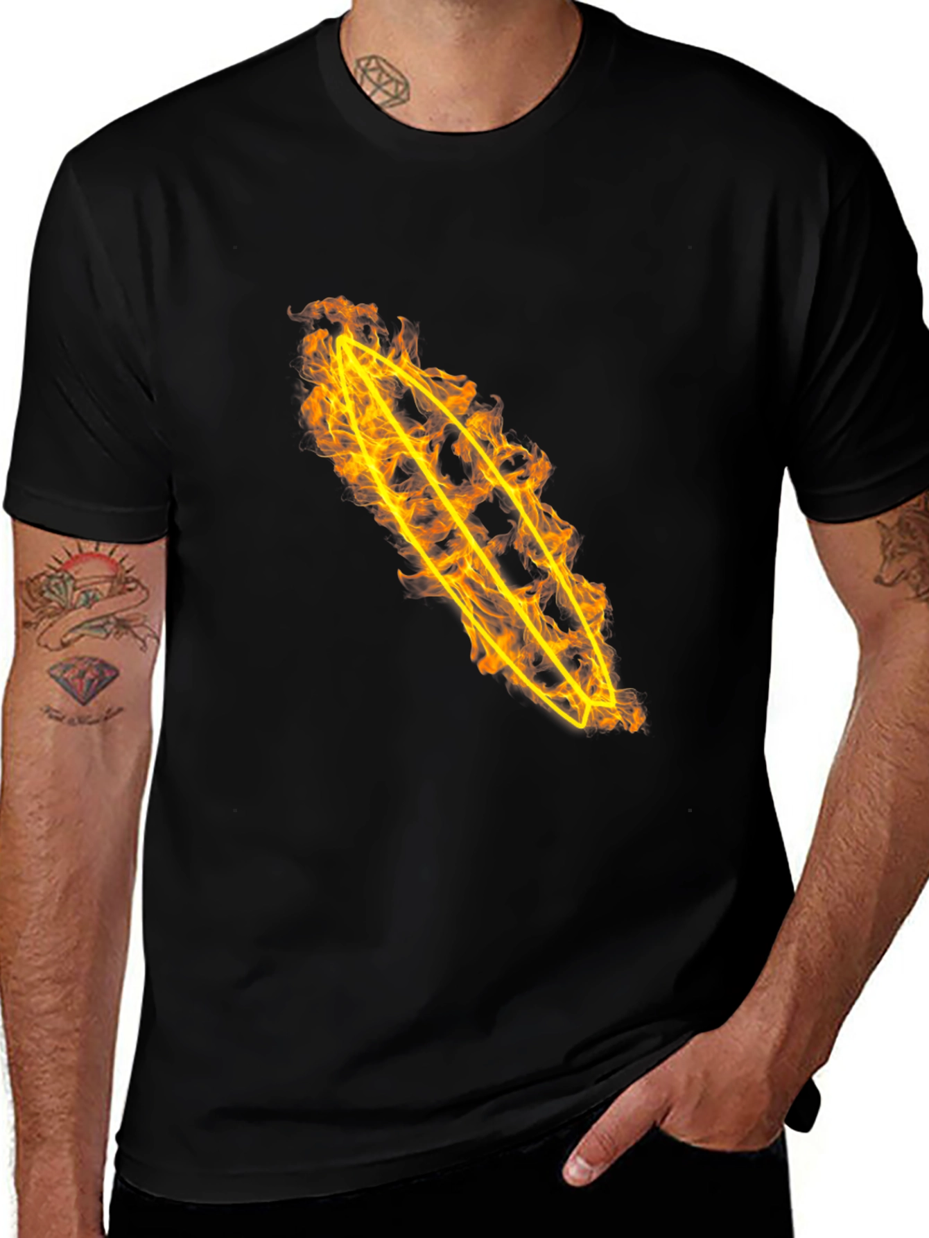 Variant 13 of Fiery Surfboard Graphic Tee - Black Cotton