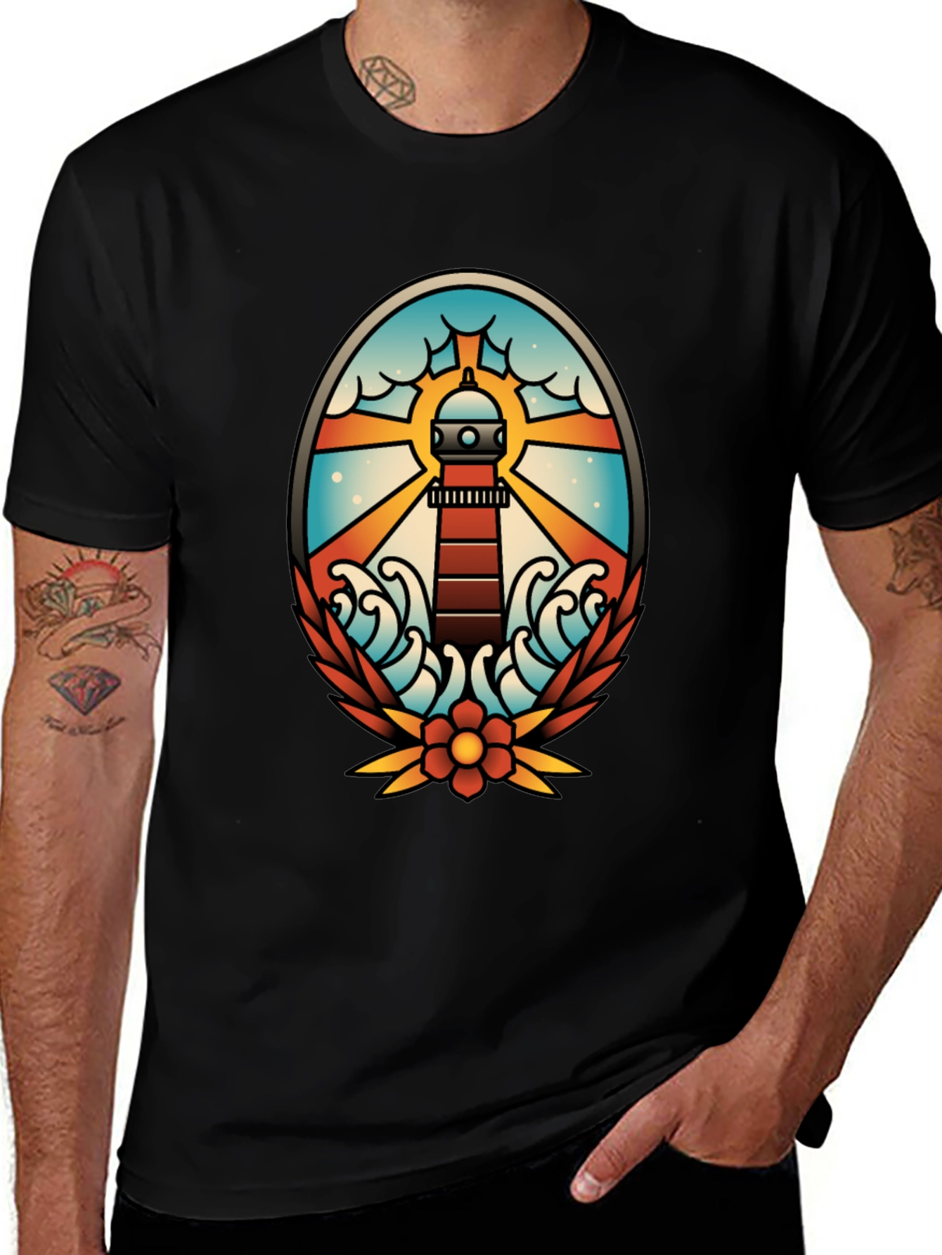 Variant 24 of Lighthouse Tattoo Graphic T-Shirt - Black