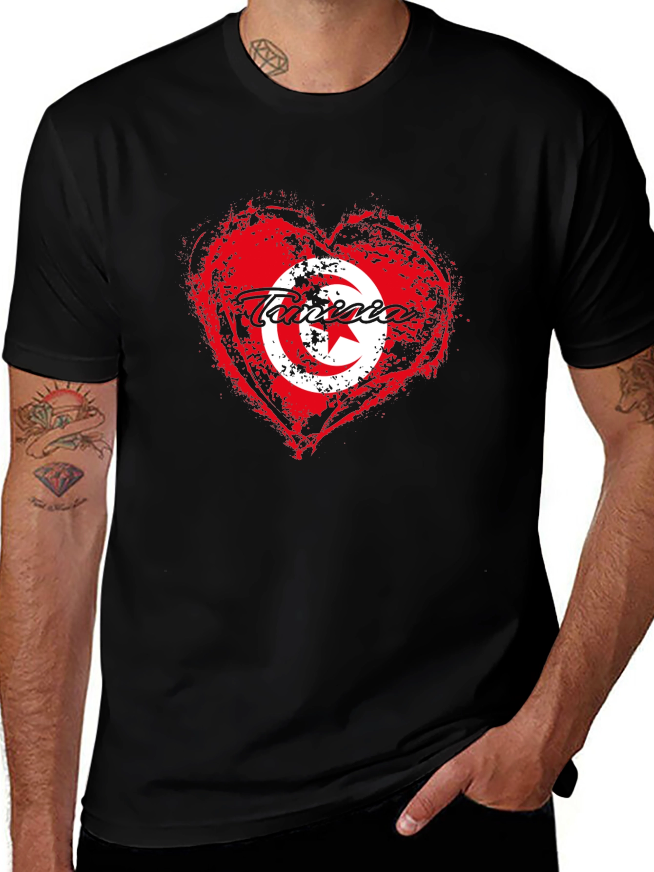 Tunisia Flag Heart T-Shirt - Black Cotton Tee
