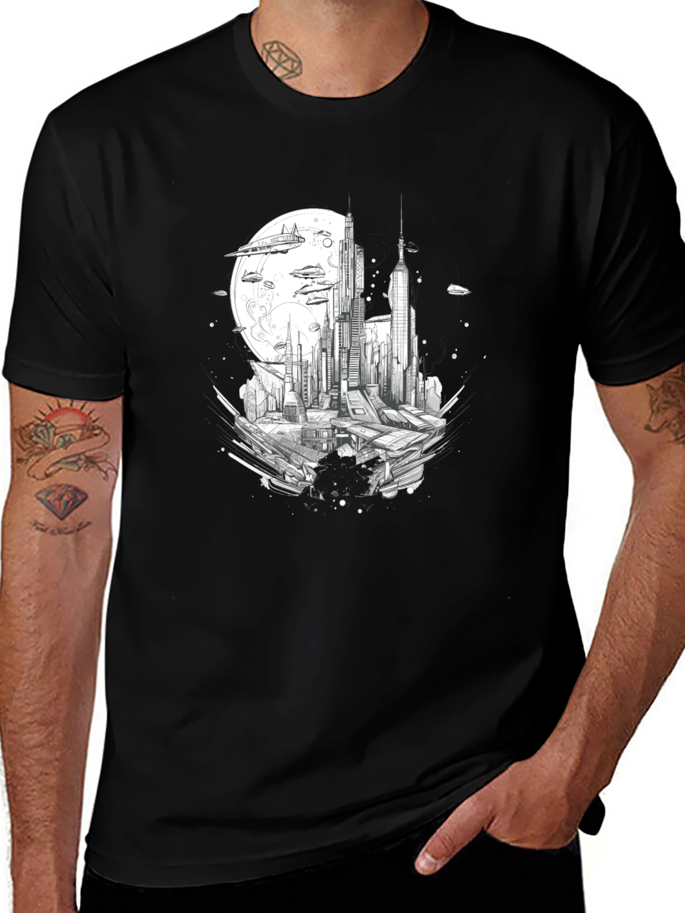 Futuristic Cityscape Graphic Tee - Black Cotton Blend