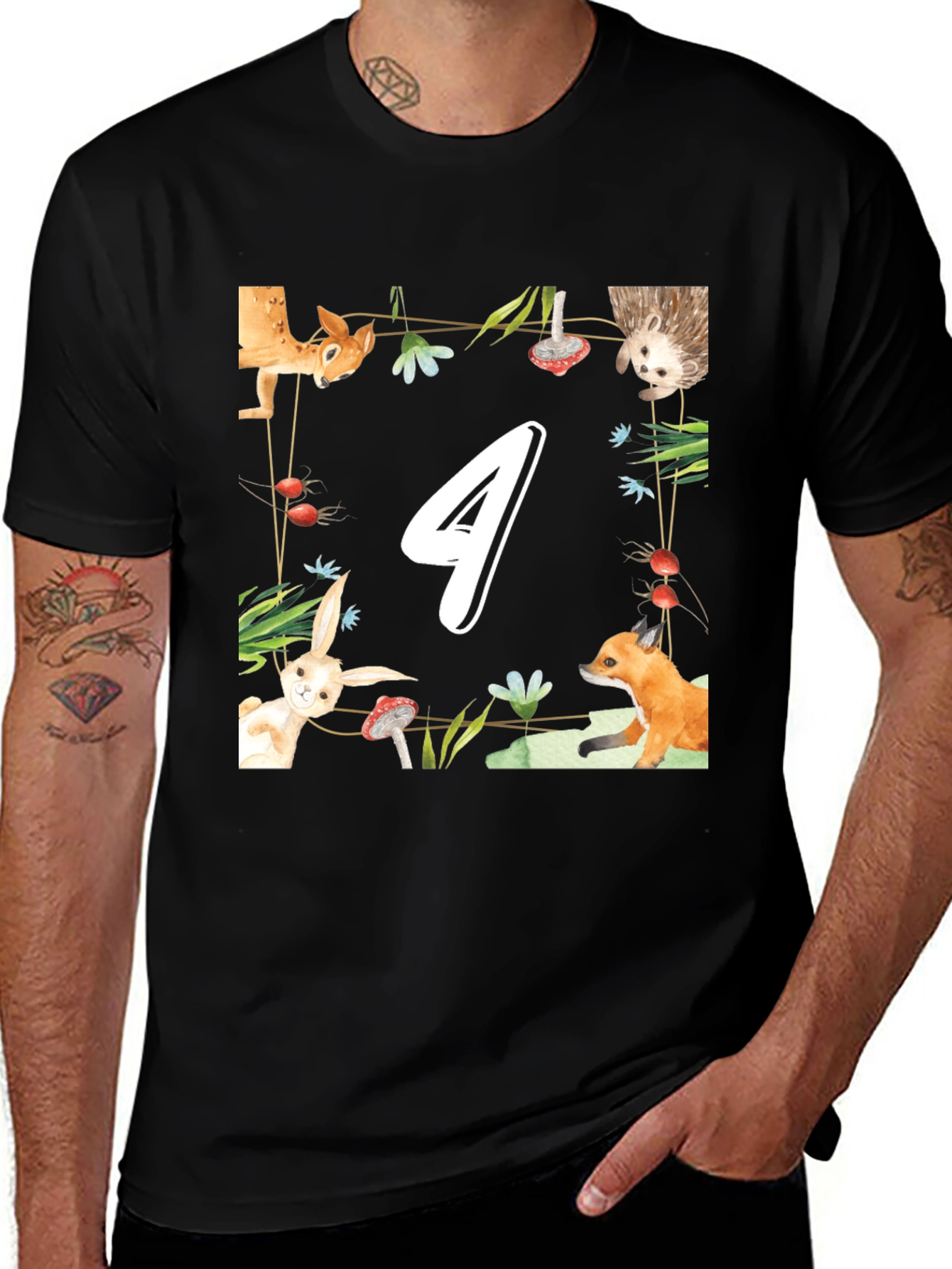 Kids Forest Animals Number 4 Birthday T-Shirt
