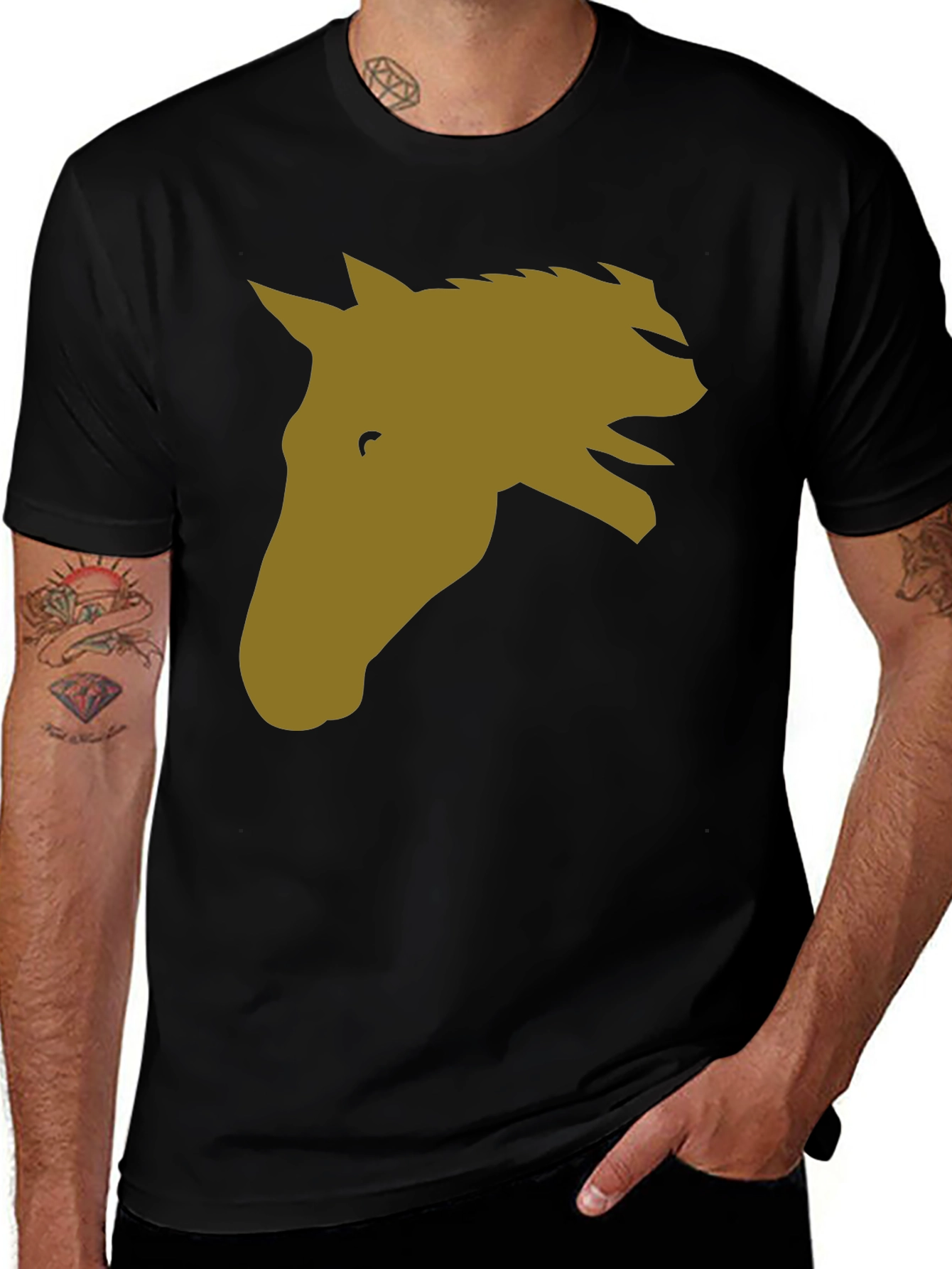 Variant 7 of Horse Head Graphic Tee - Black Cotton Blend Casual T-Shirt