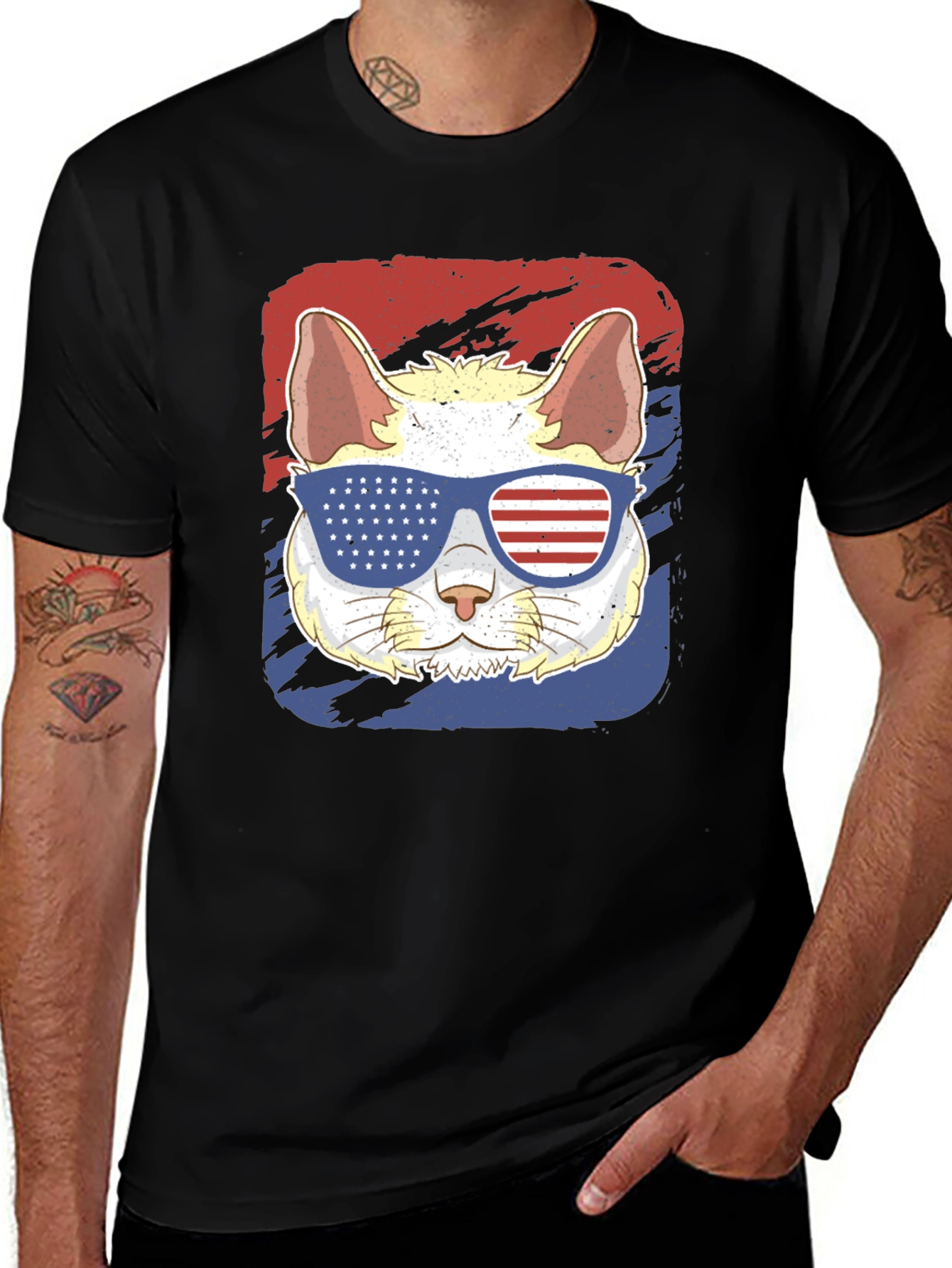 Variant 11 of Patriotic Cat T-Shirt: USA Flag Sunglasses