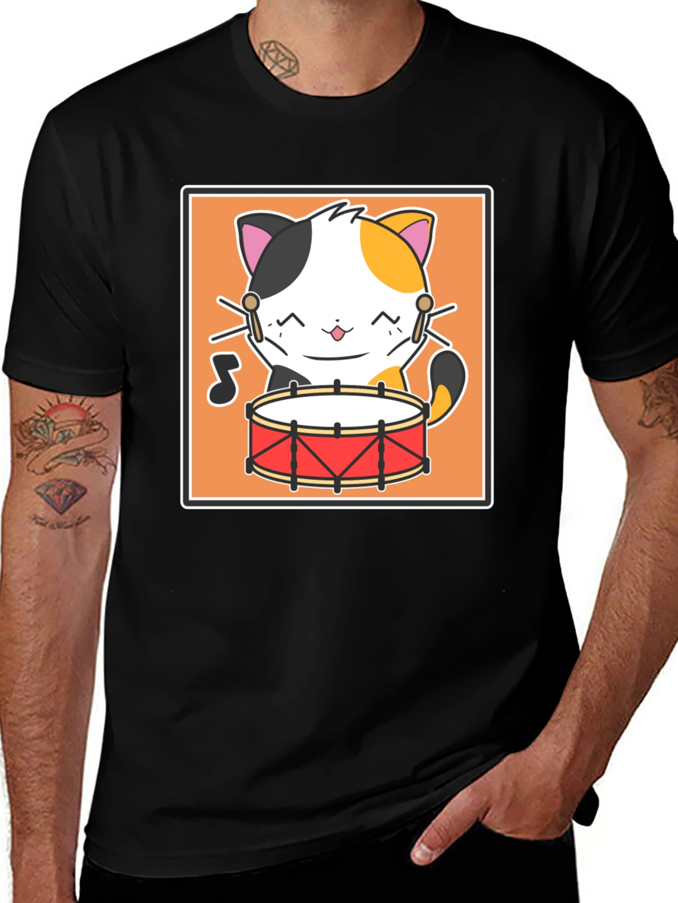 Variant 11 of Cat Drummer Black T-Shirt - Music Lover Tee
