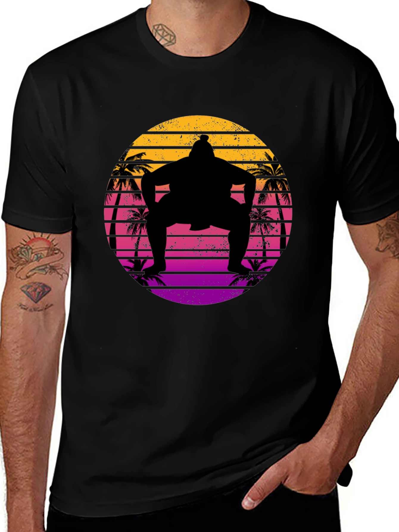 Variant 15 of Retro Sumo Wrestler Palm Tree Sunset Graphic Tee