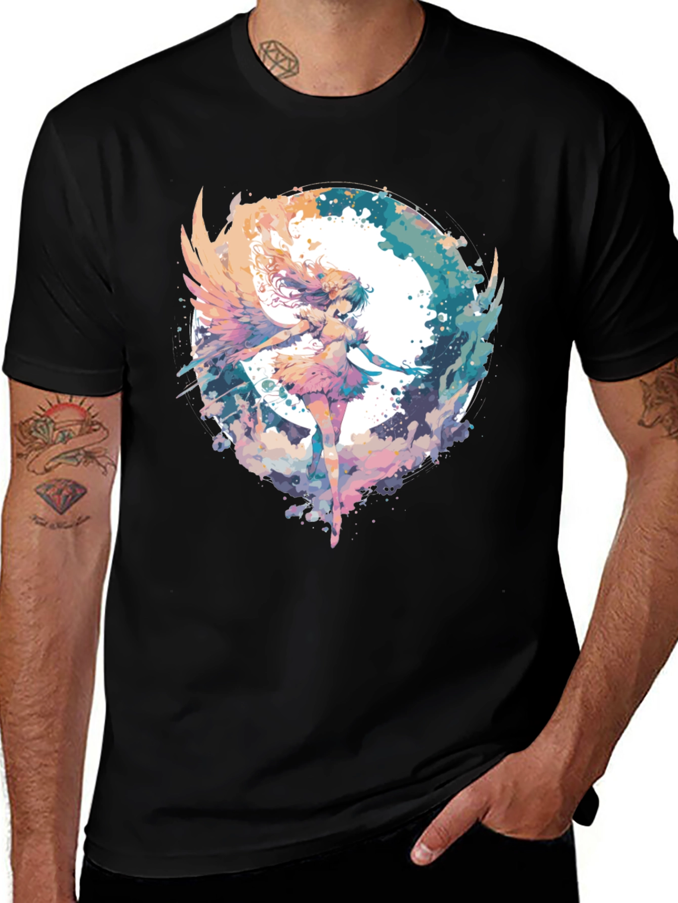 Black Anime Angel Wings T-Shirt - Watercolor Style main image
