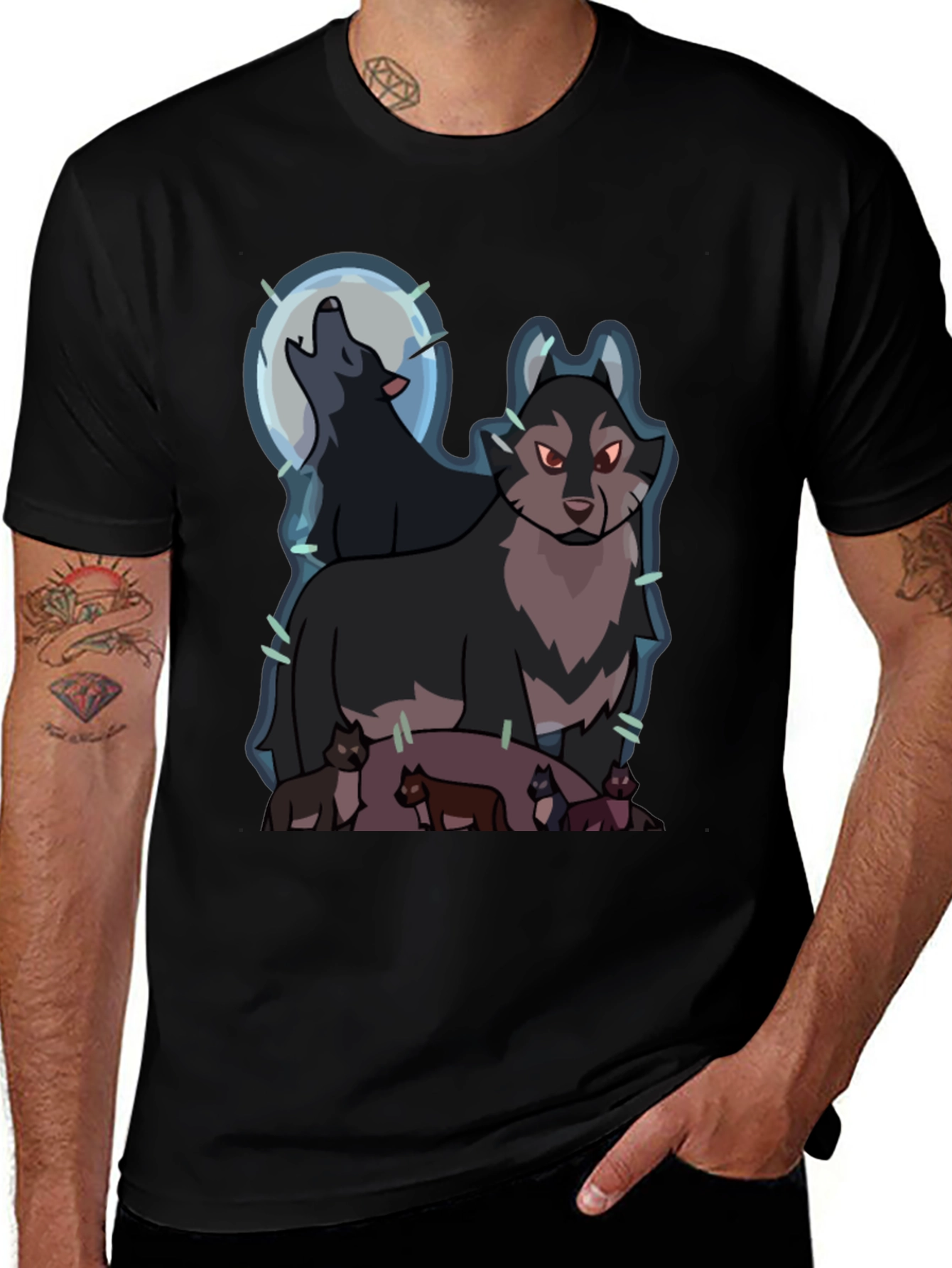 Variant 18 of Wolf Pack Graphic Tee - Men's Black T-Shirt