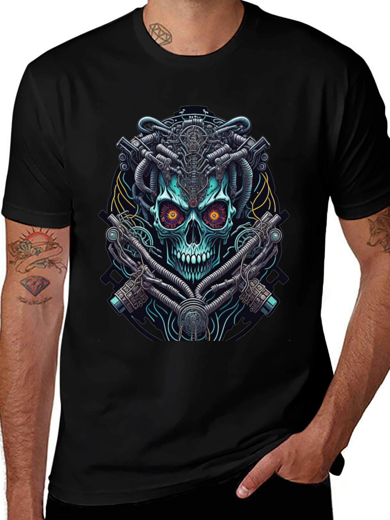 Variant 17 of Cyberpunk Skull Graphic Tee - Edgy Robot Skull Design
