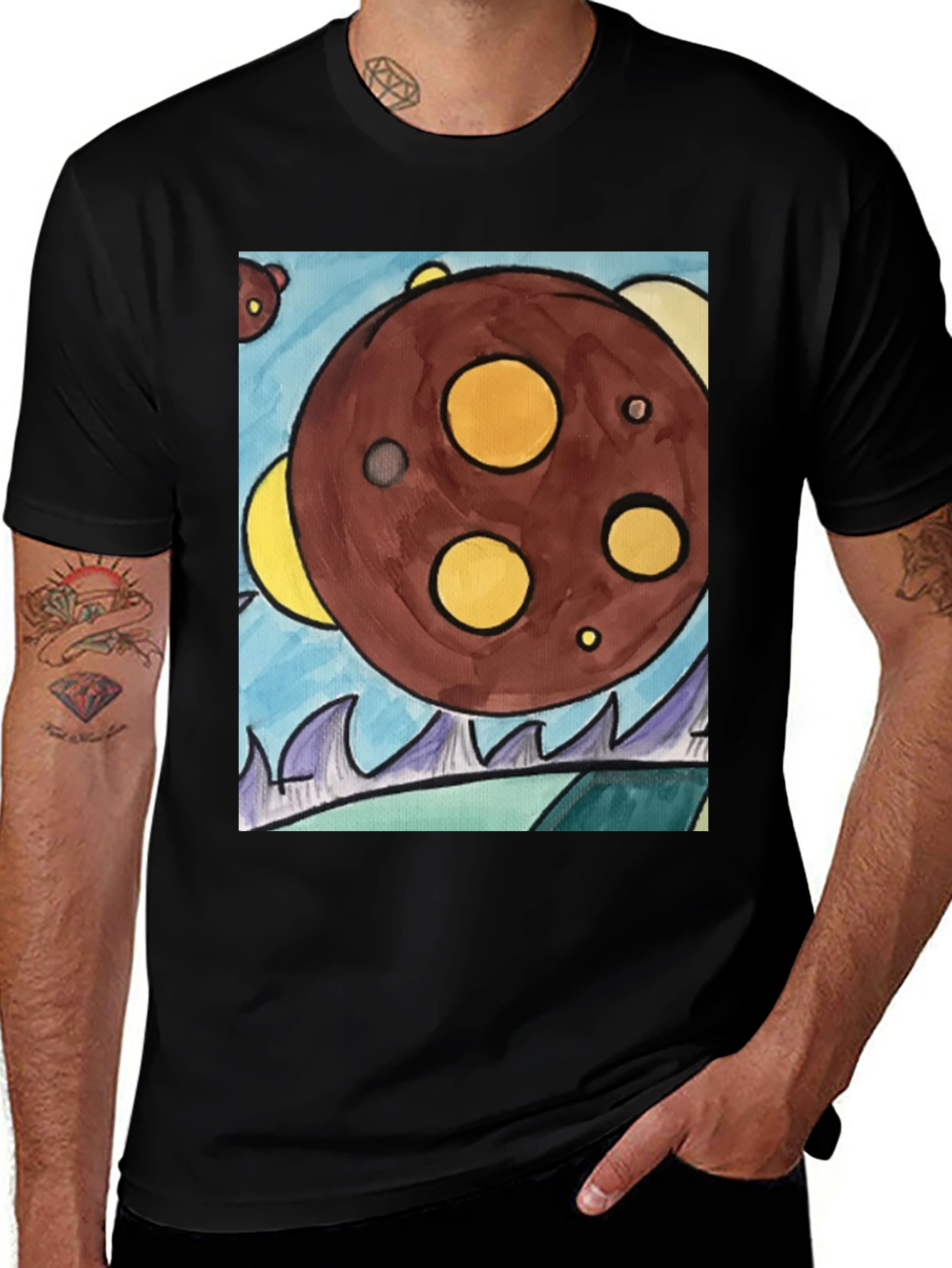 Variant 14 of Cartoon Planet Graphic T-Shirt - Black Cotton Tee