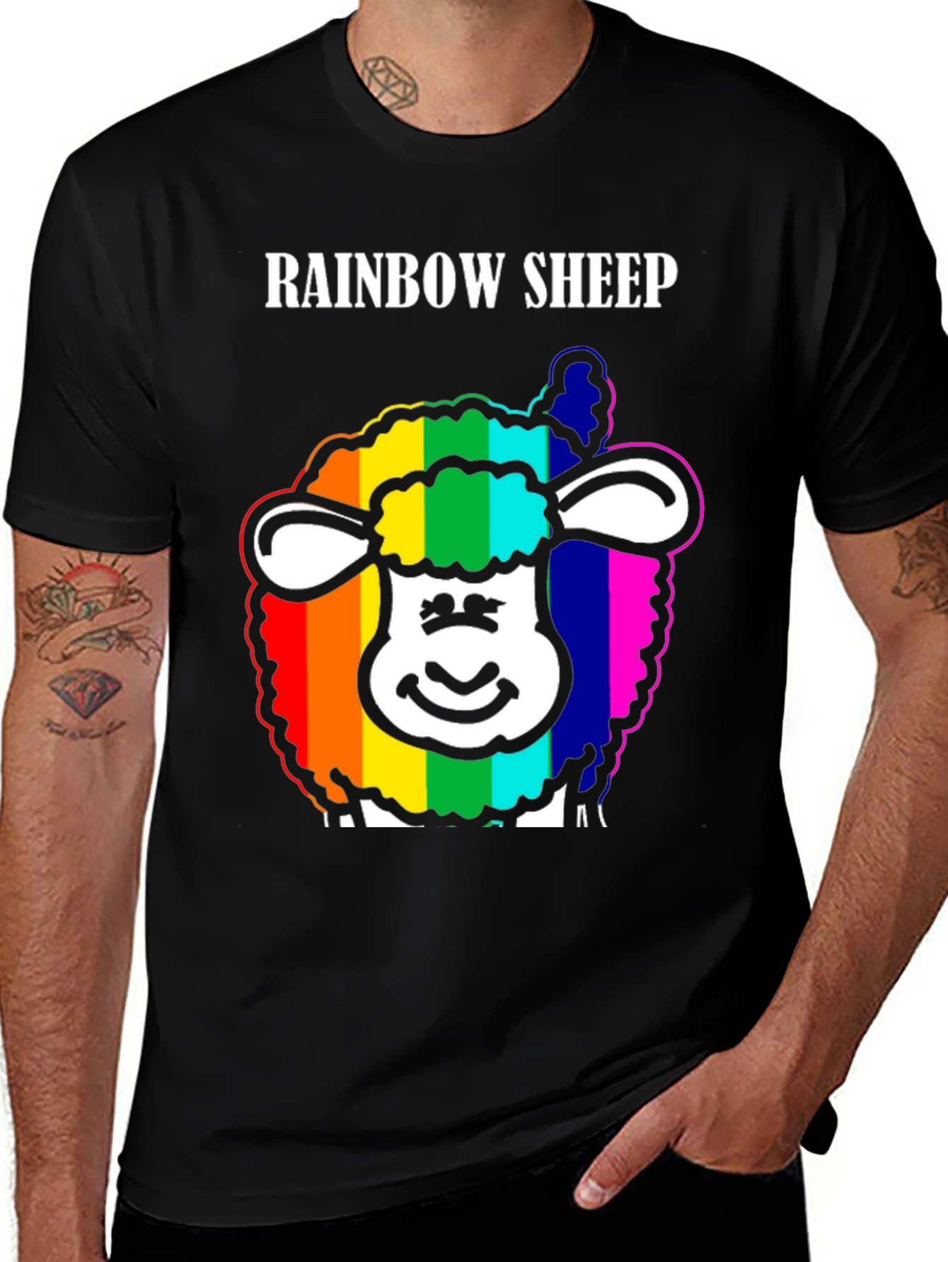Variant 16 of Rainbow Sheep Graphic Tee - Black Cotton Blend
