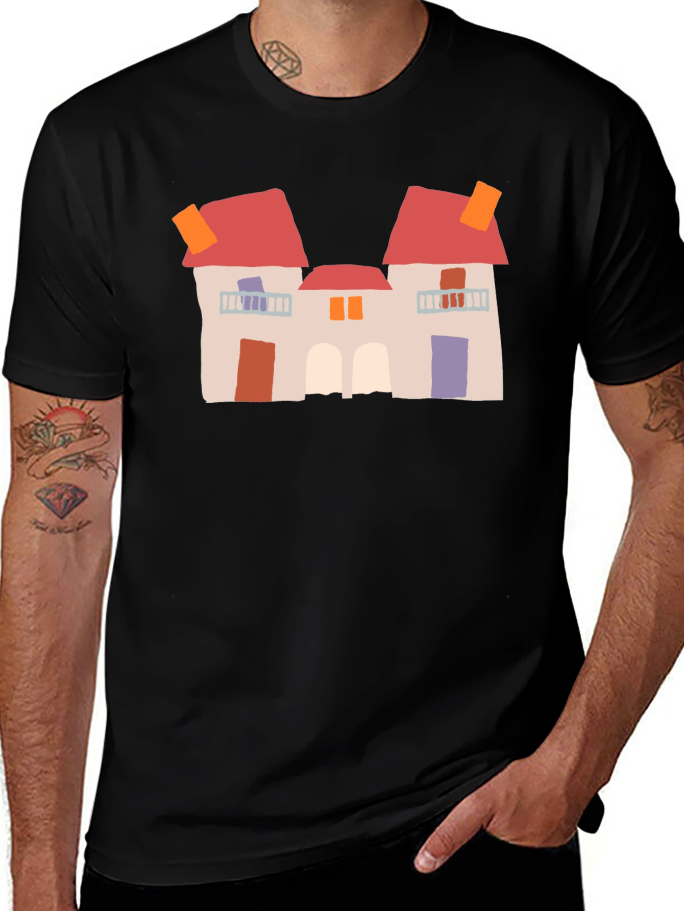 Variant 23 of Quirky House Print Black T-Shirt