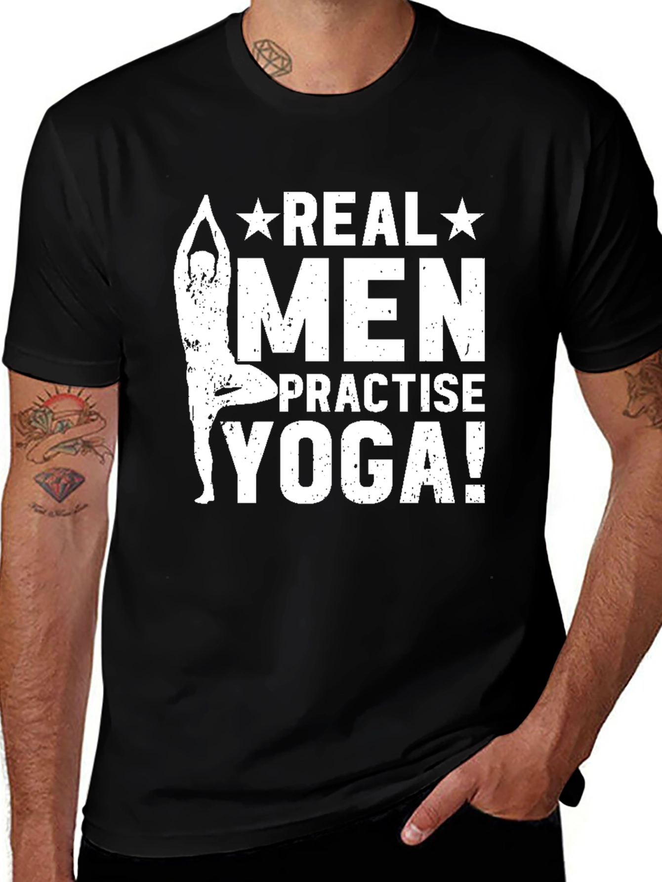 Variant 28 of Real Men Practice Yoga T-Shirt - Black Cotton Tee