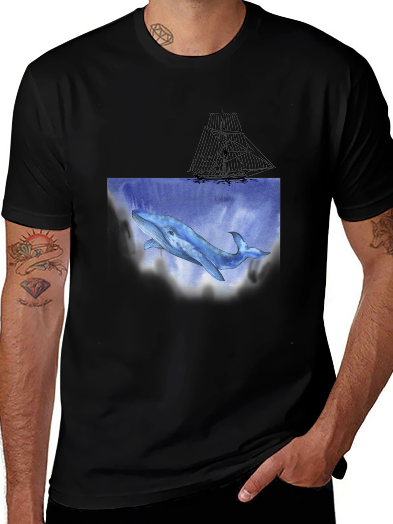 Variant 14 of Whale & Ship Graphic Black T-Shirt
