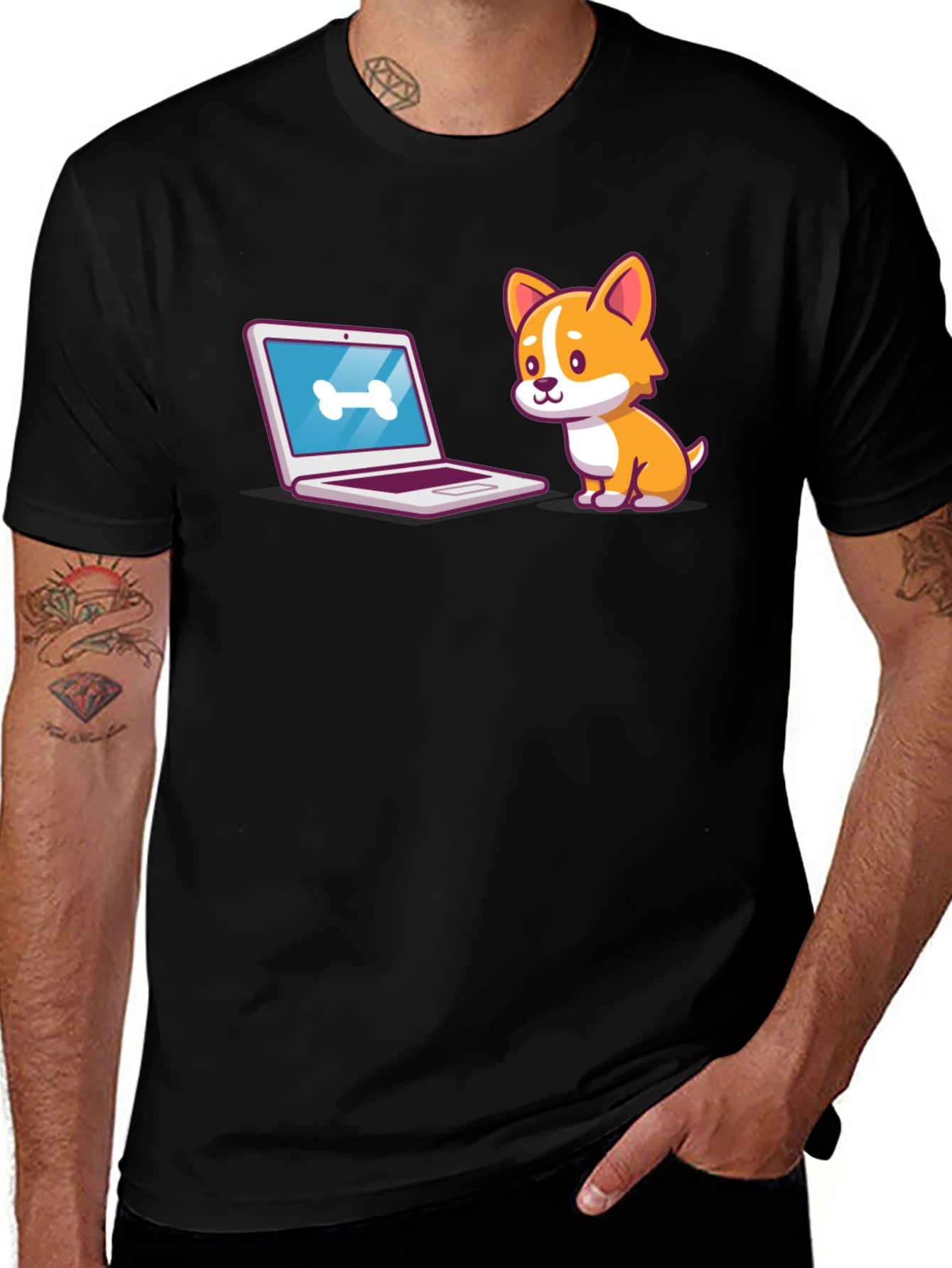 Variant 29 of Cute Dog Laptop Graphic Tee - Black Cotton Shirt
