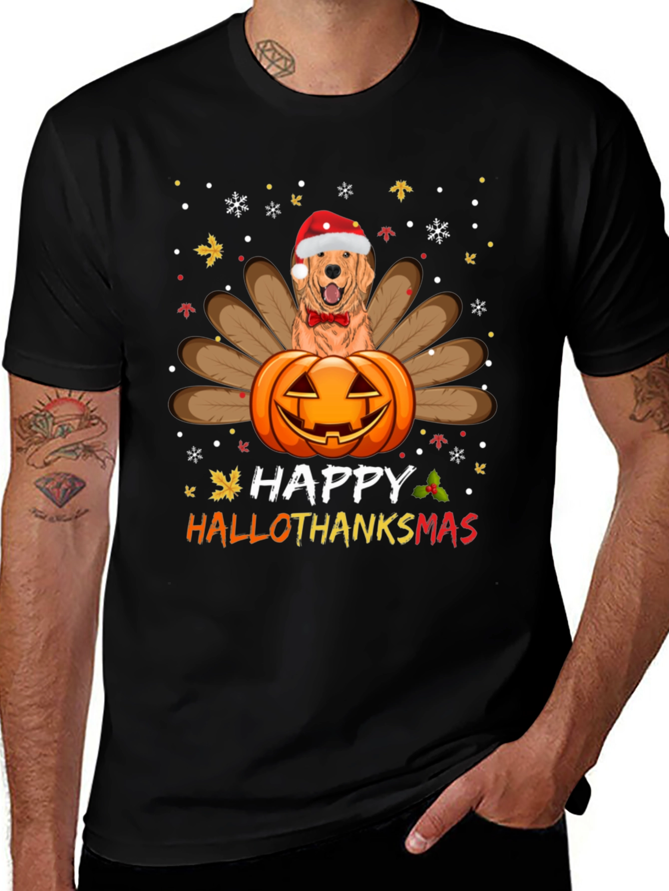 Happy HalloThanksmas Golden Retriever Turkey Pumpkin T-Shirt