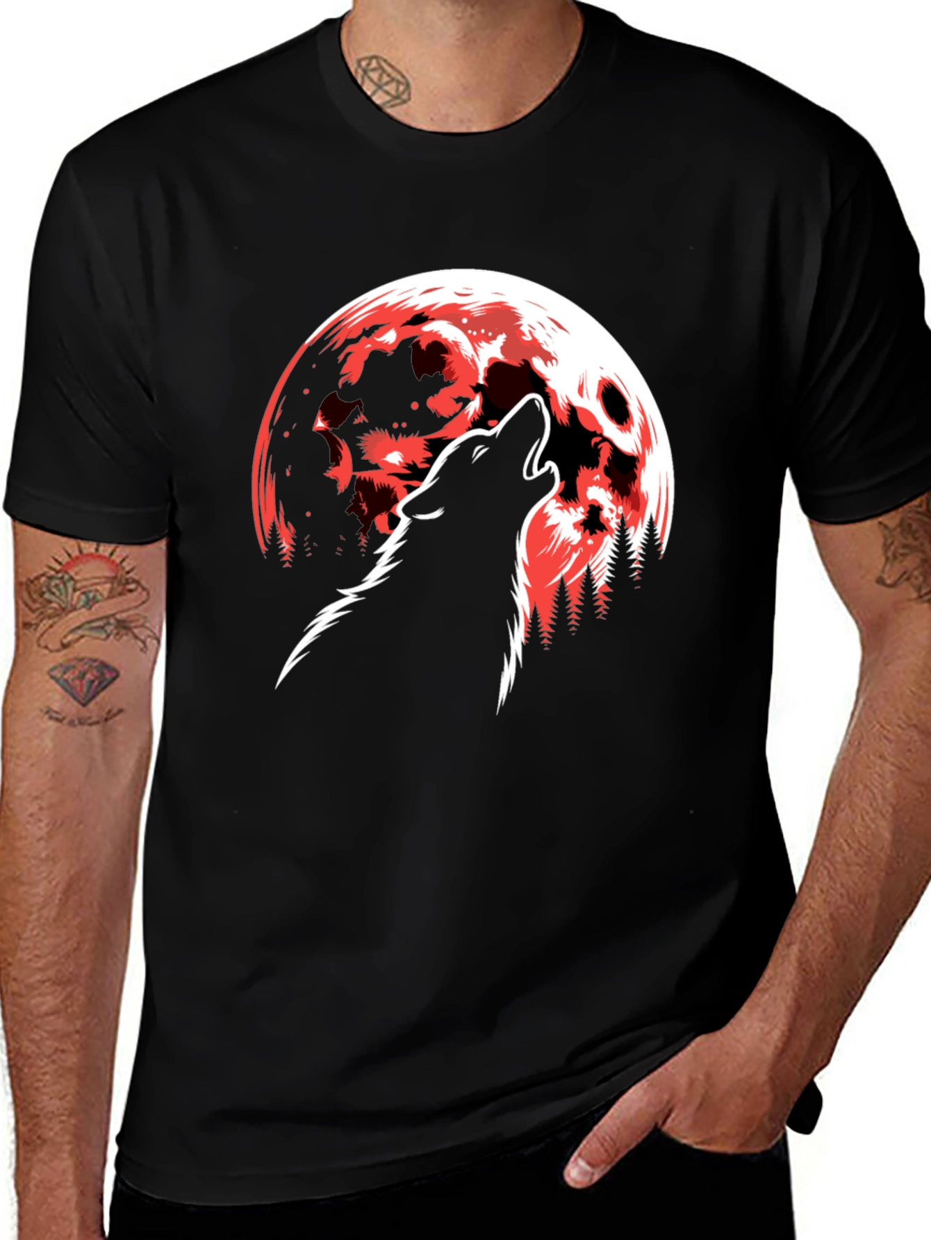 Variant 13 of Wolf Howling at Red Moon Graphic T-Shirt - Black