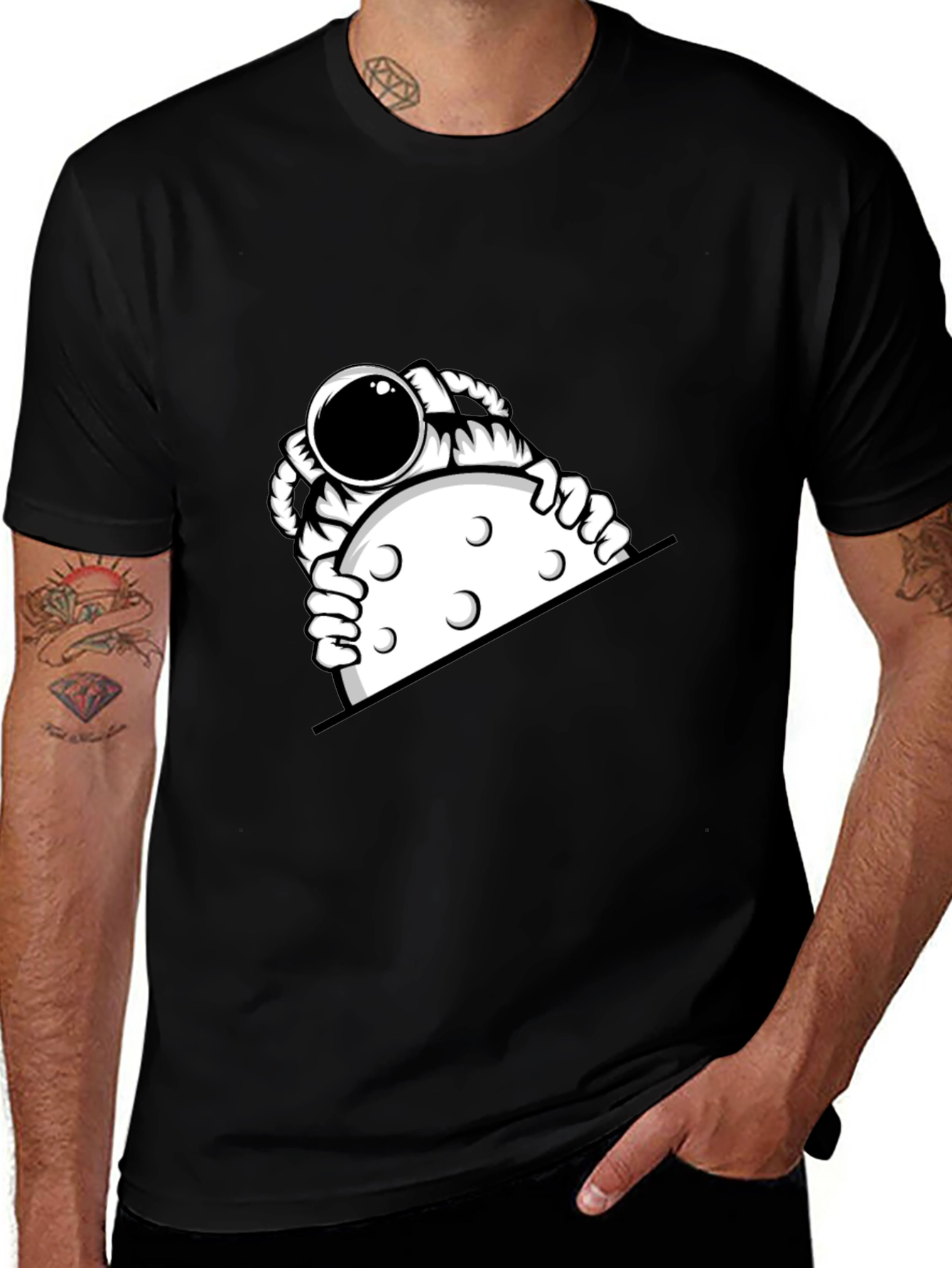 Variant 4 of Astronaut Moon Peek T-Shirt - Black Graphic Tee