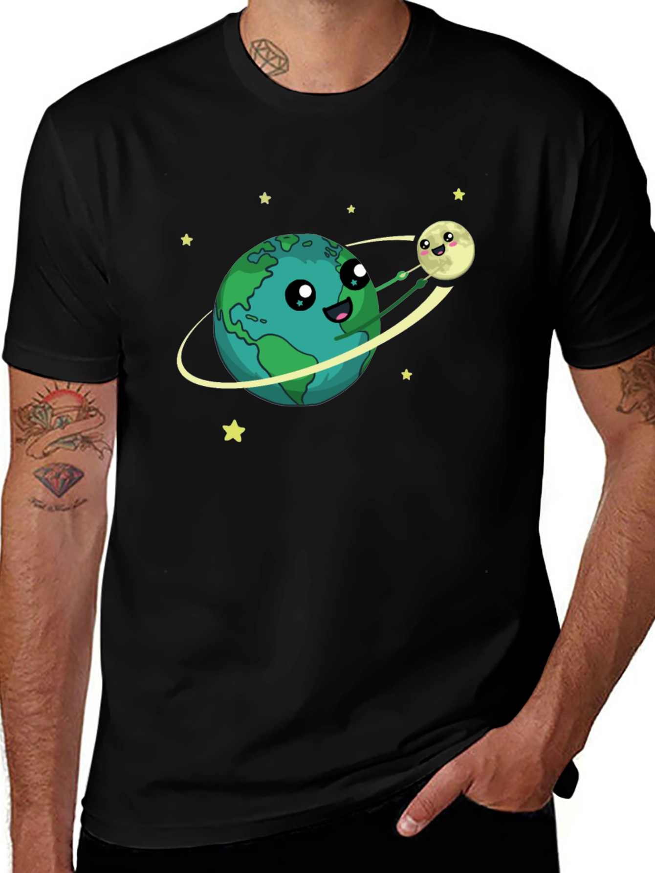 Variant 7 of Earth & Moon Cartoon Graphic Black T-Shirt